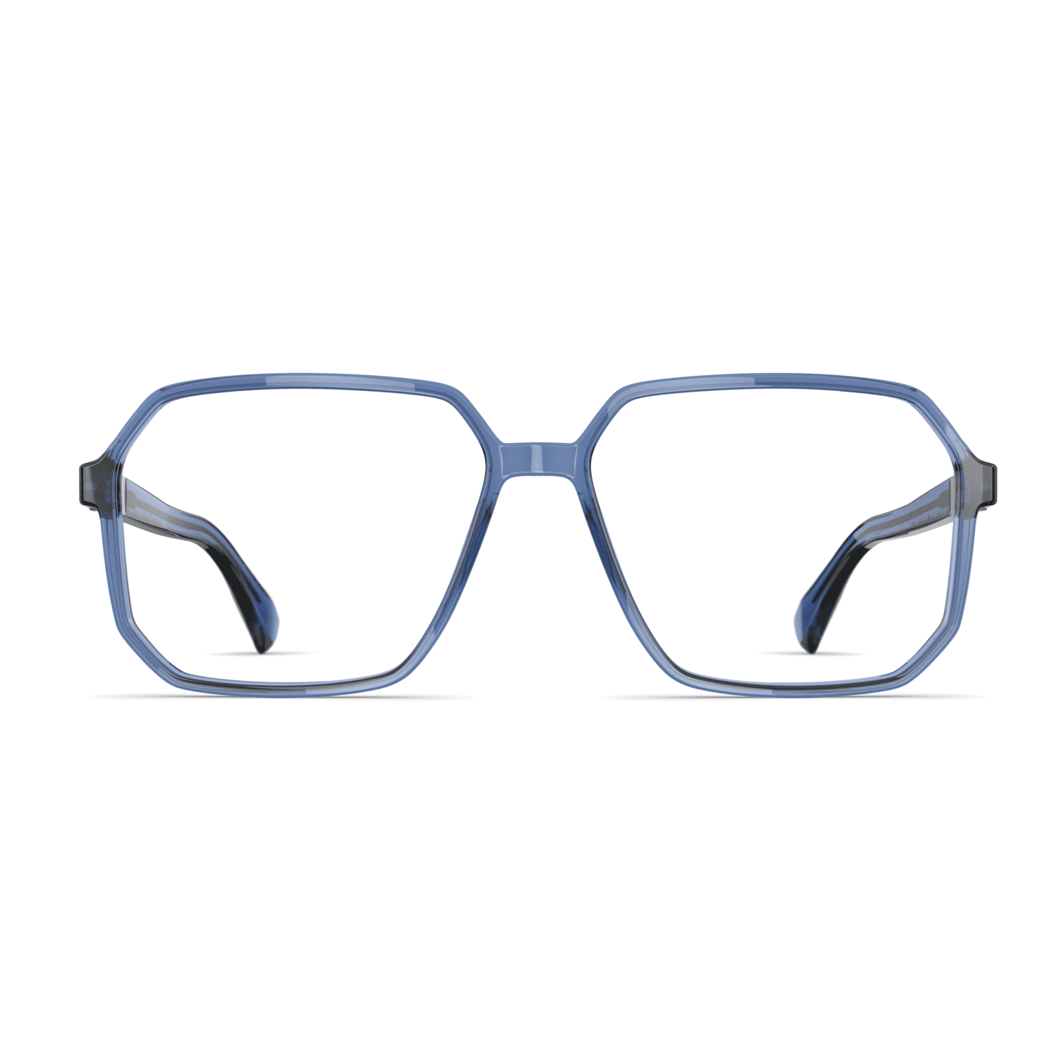 Unisexbrille Neubau Vincent T168 mit blauen, sechseckigen Rahmen und schlanken Bügeln, frontal dargestellt.