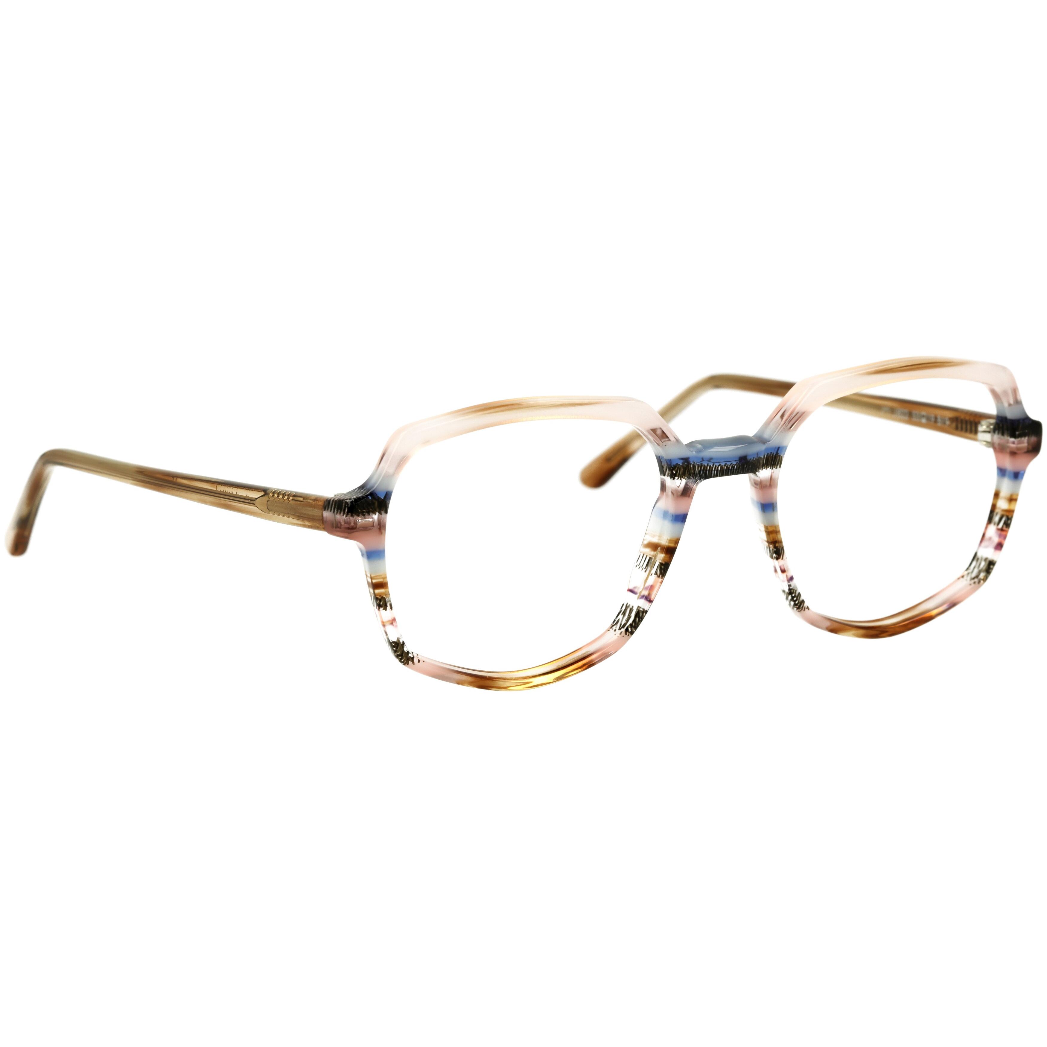 Damenbrille Johann von Goisern J822 mit mehrfarbigem, gestreiftem Rahmen und großen, eckigen Gläsern.