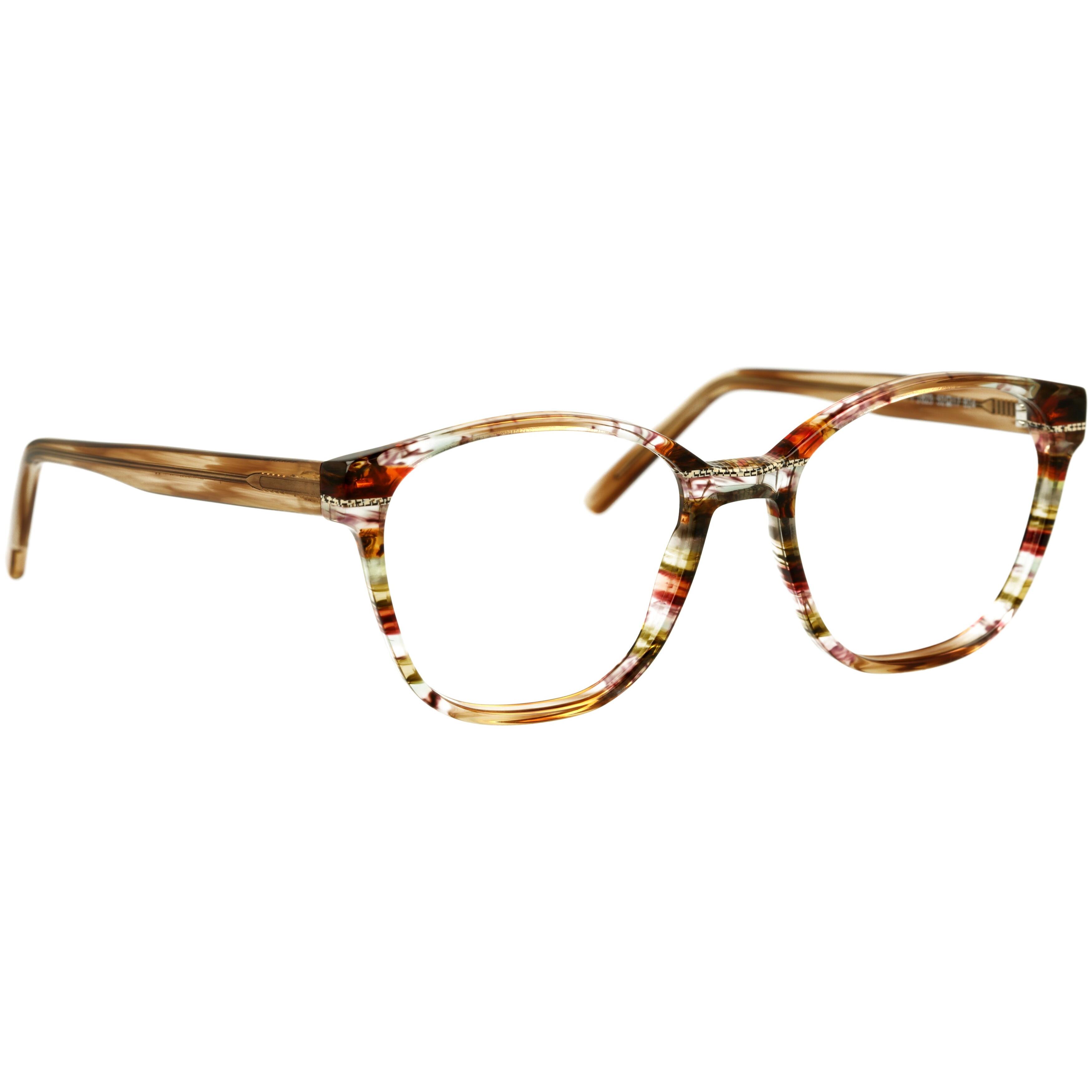 Damenbrille Johann von Goisern J823 mit farbenfrohem, gestreiftem Acetatgestell und runden Gläsern.