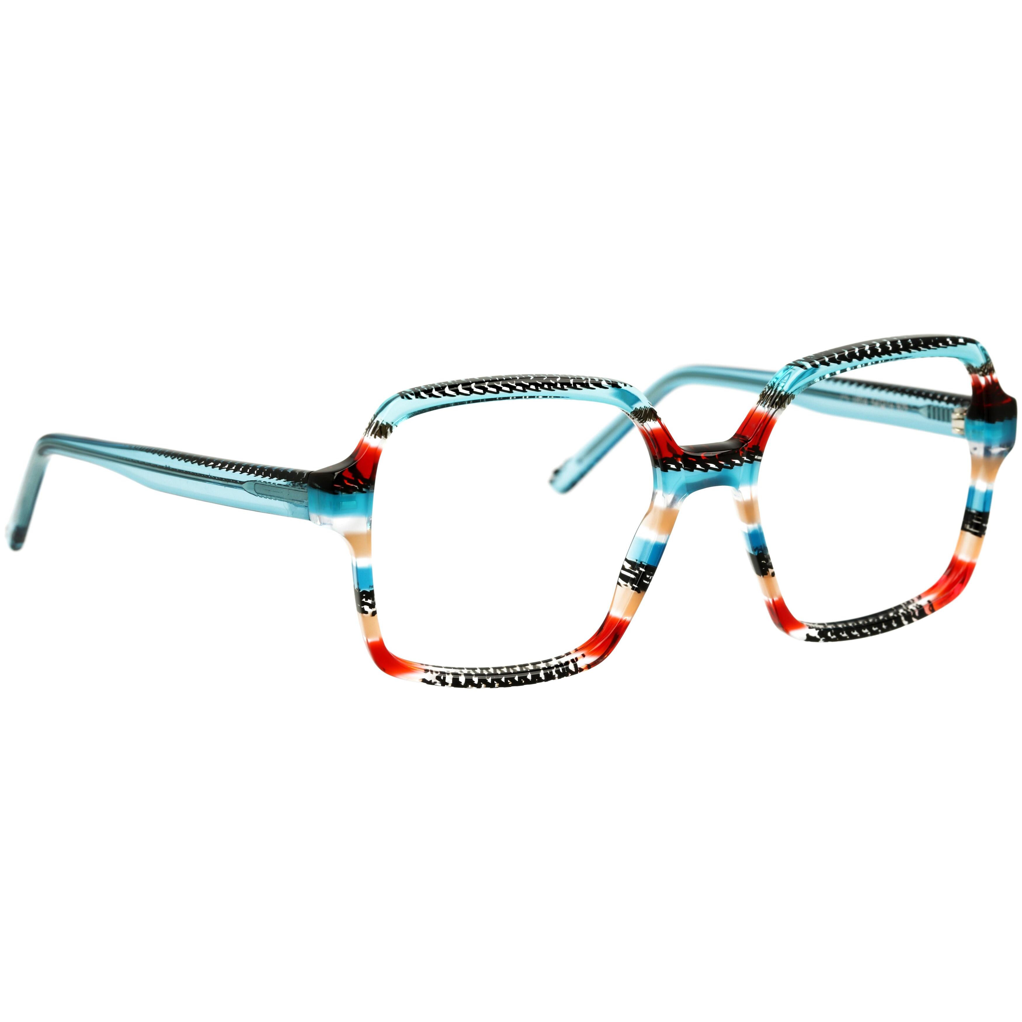 Damenbrille Johann von Goisern J824 mit eckigem Rahmen in bunt gemustertem Design und transparent-blauen Bügeln.