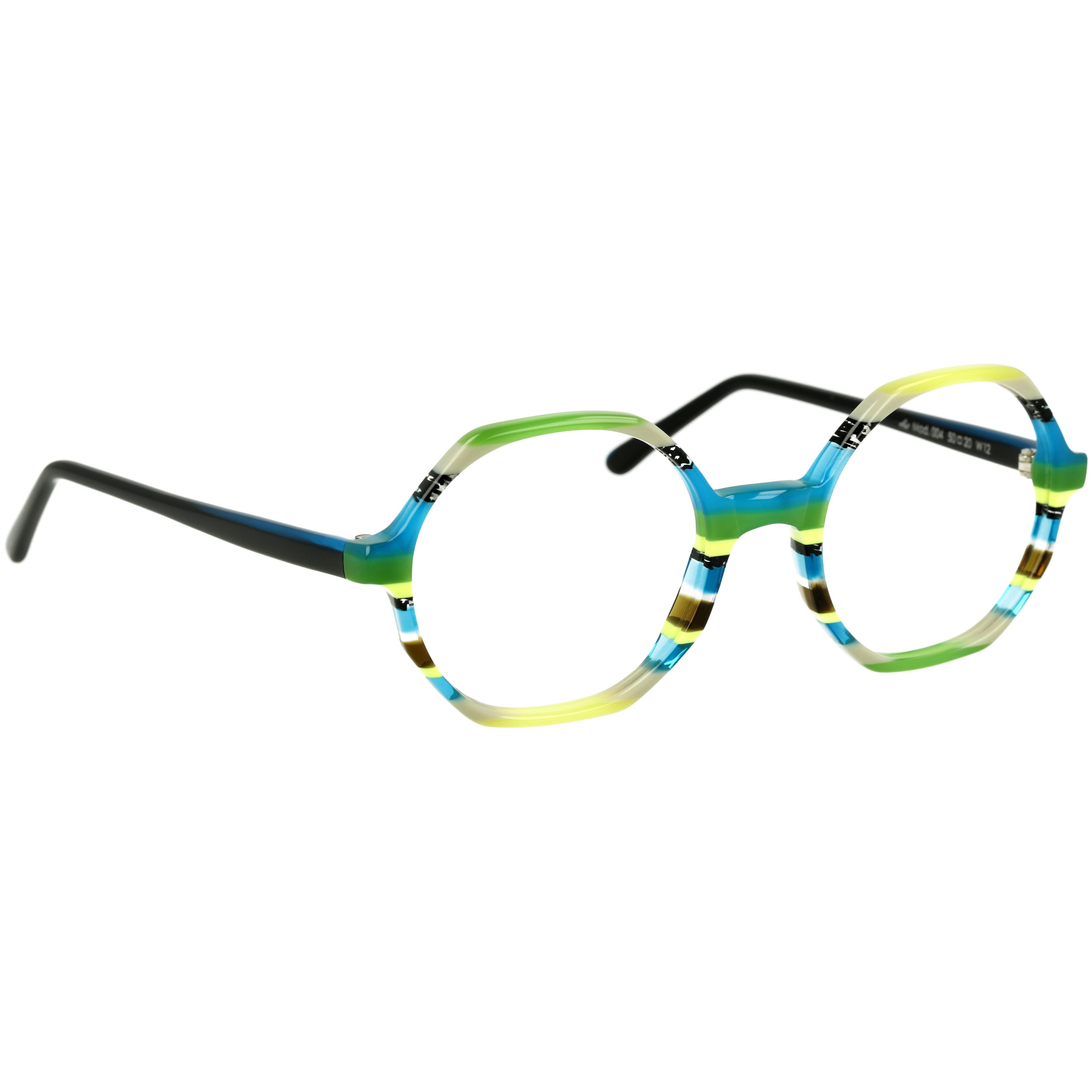 Unisexbrille Johann von Goisern JA004 mit achteckigem Rahmen in lebendigen Farben wie Grün, Blau und Gelb.