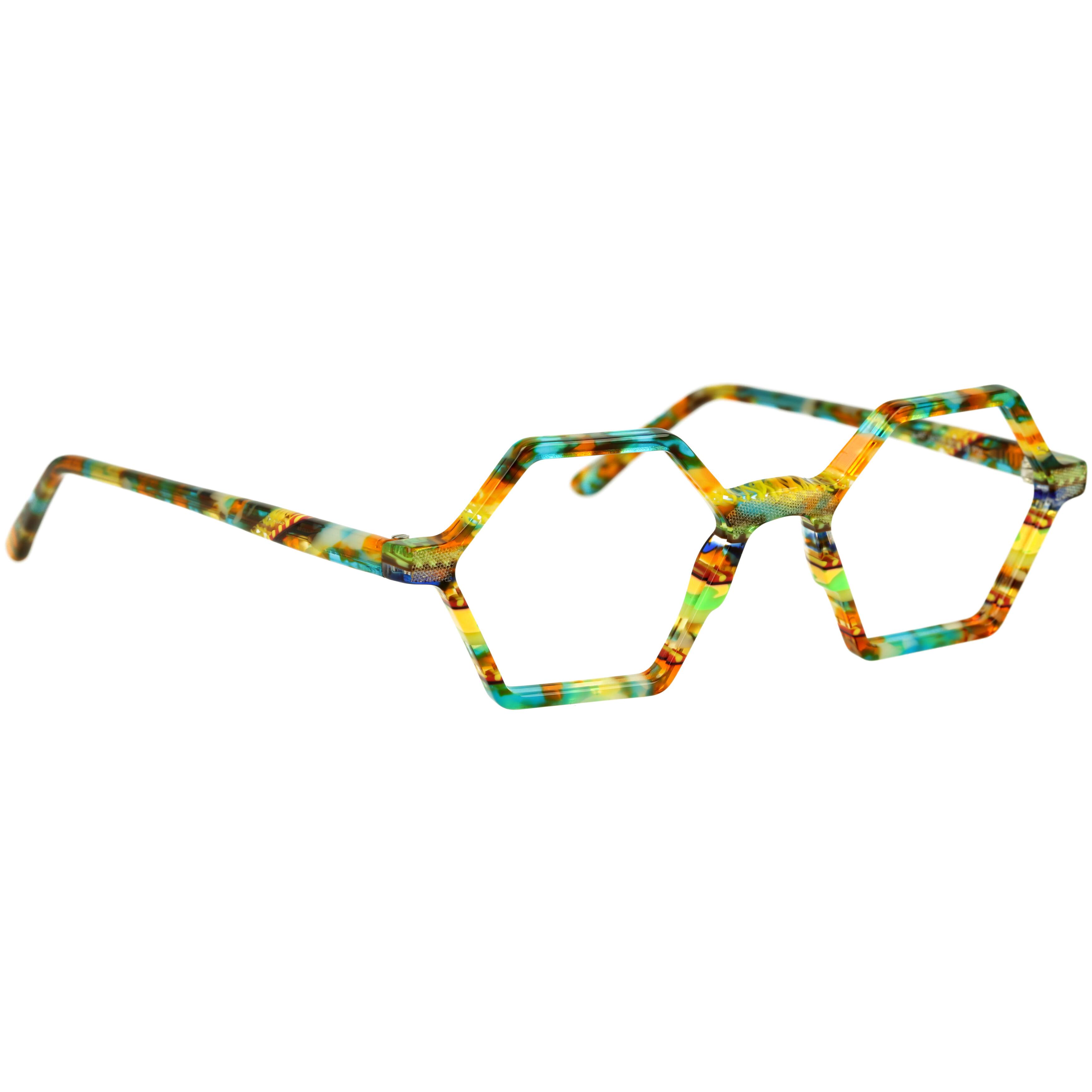 Unisexbrille Johann von Goisern JA023 mit sechseckiger Fassung in bunten Farben und auffälligem, einzigartigem Design.