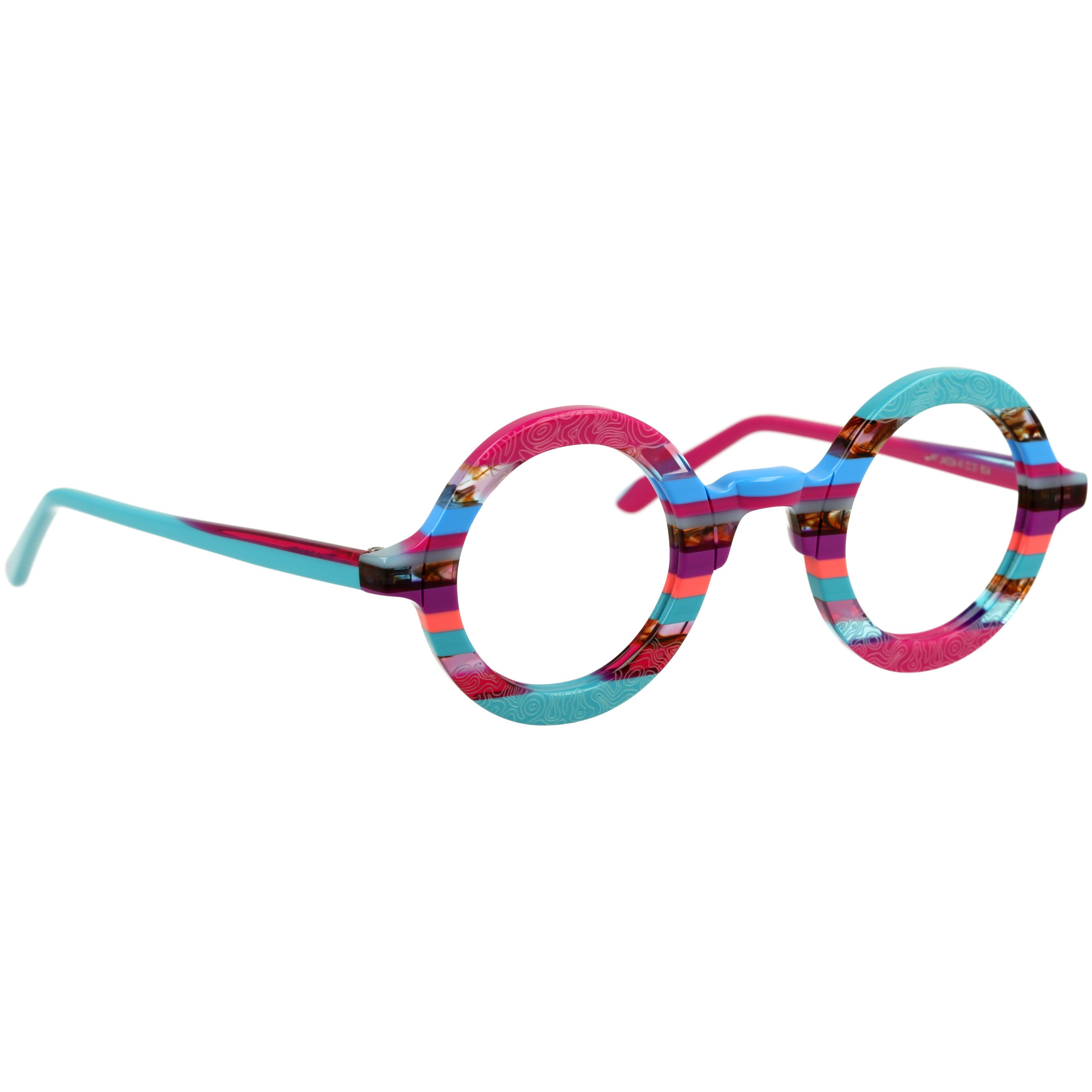 Unisexbrille Johann von Goisern JA034 mit runden Rahmen in bunten Streifenmustern und farbigen Bügeln.