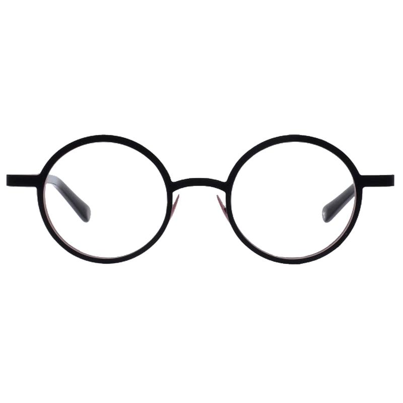 Runde Unisexbrille Colibris Lola mit schwarzem Rahmen, frontale Ansicht auf weißem Hintergrund.