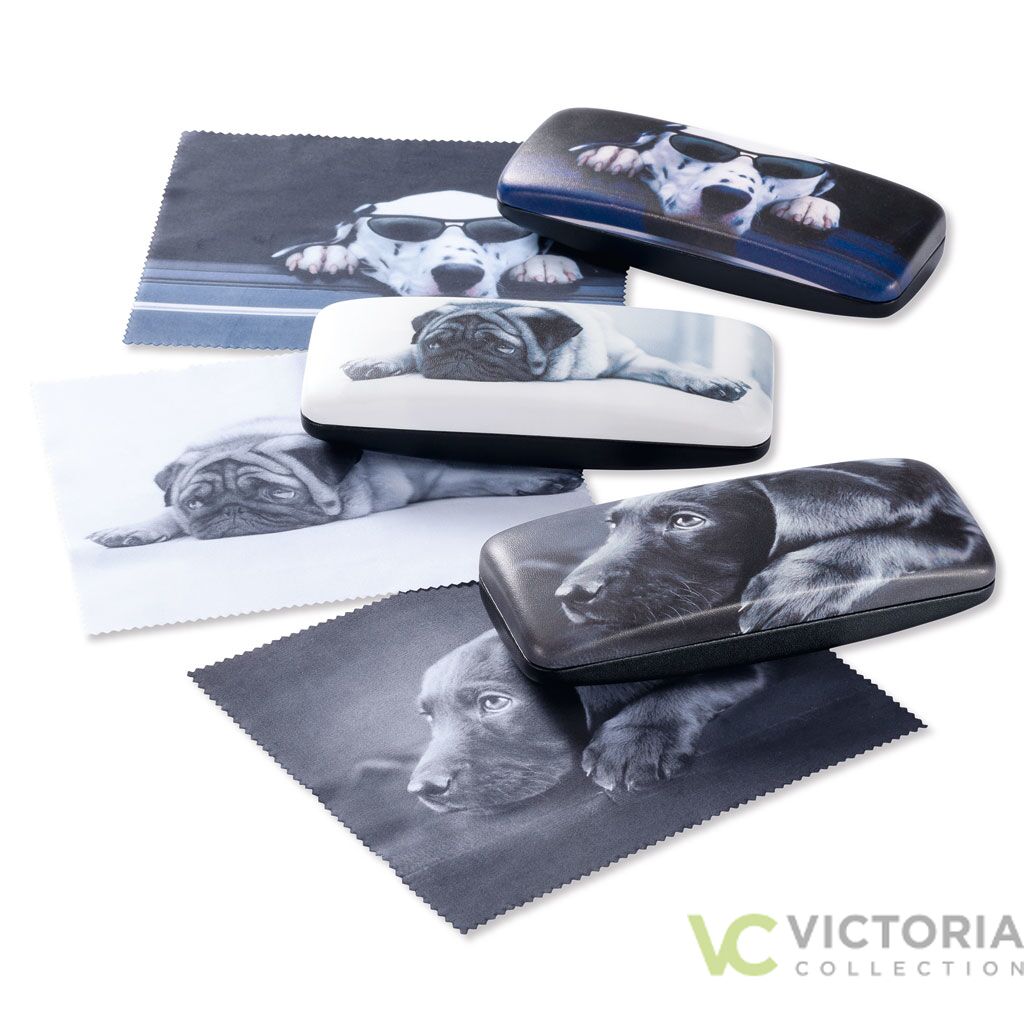 Brillenetui mit Hundemotiven aus Metall, schwarzem Innenfutter und Mikrofasertuch, in drei Farben erhältlich