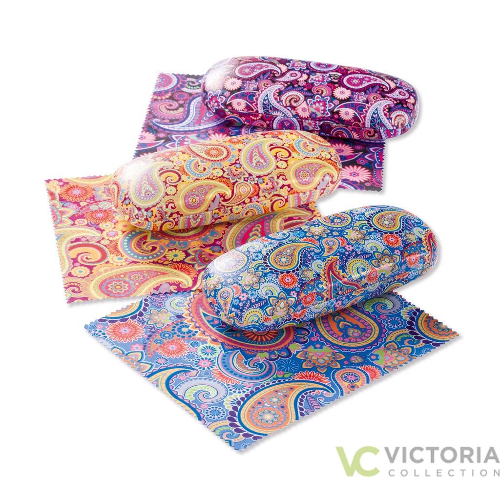 Brillenetui SHIVA aus Metall mit Paisley-Muster, blauem Innenfutter und Mikrofasertuch in drei Farben