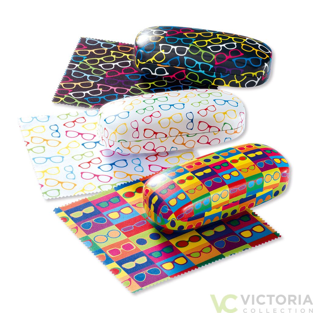Victoria Brillenetui "FRAMES" aus Metall mit Brillen-Print, weichem Innenfutter und Mikrofasertuch in drei Farben