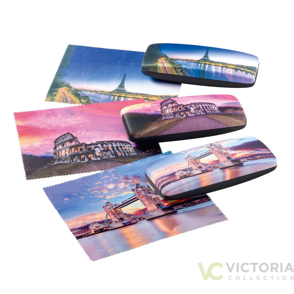 Victoria Brillenetui CAPITAL aus Metall mit Städtemotiv, schwarzem Innenfutter und Mikrofasertuch in drei Designs