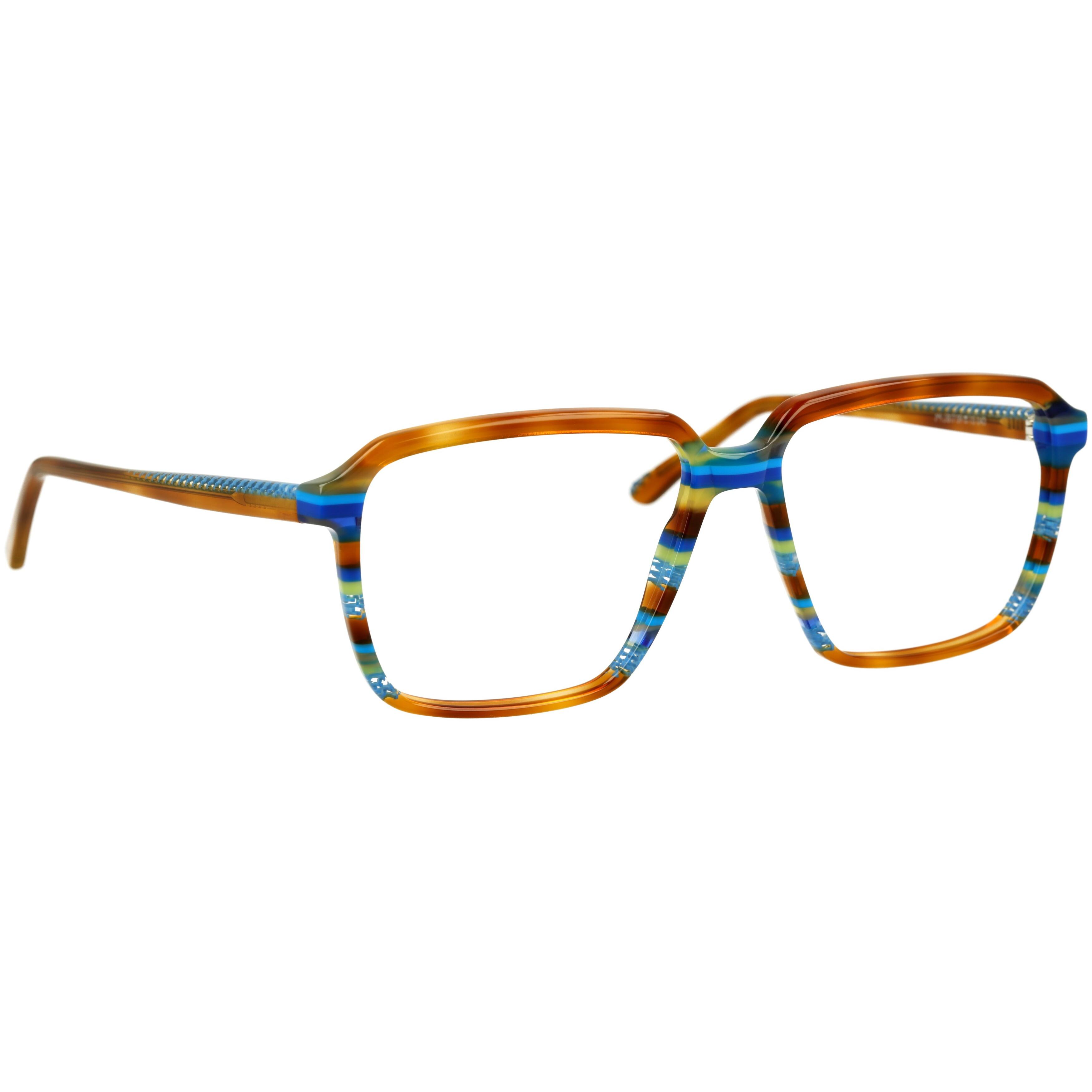 Herrenbrille Johann von Goisern J817 mit eckigem Rahmen, mehrfarbigem Design in Blau- und Brauntönen.
