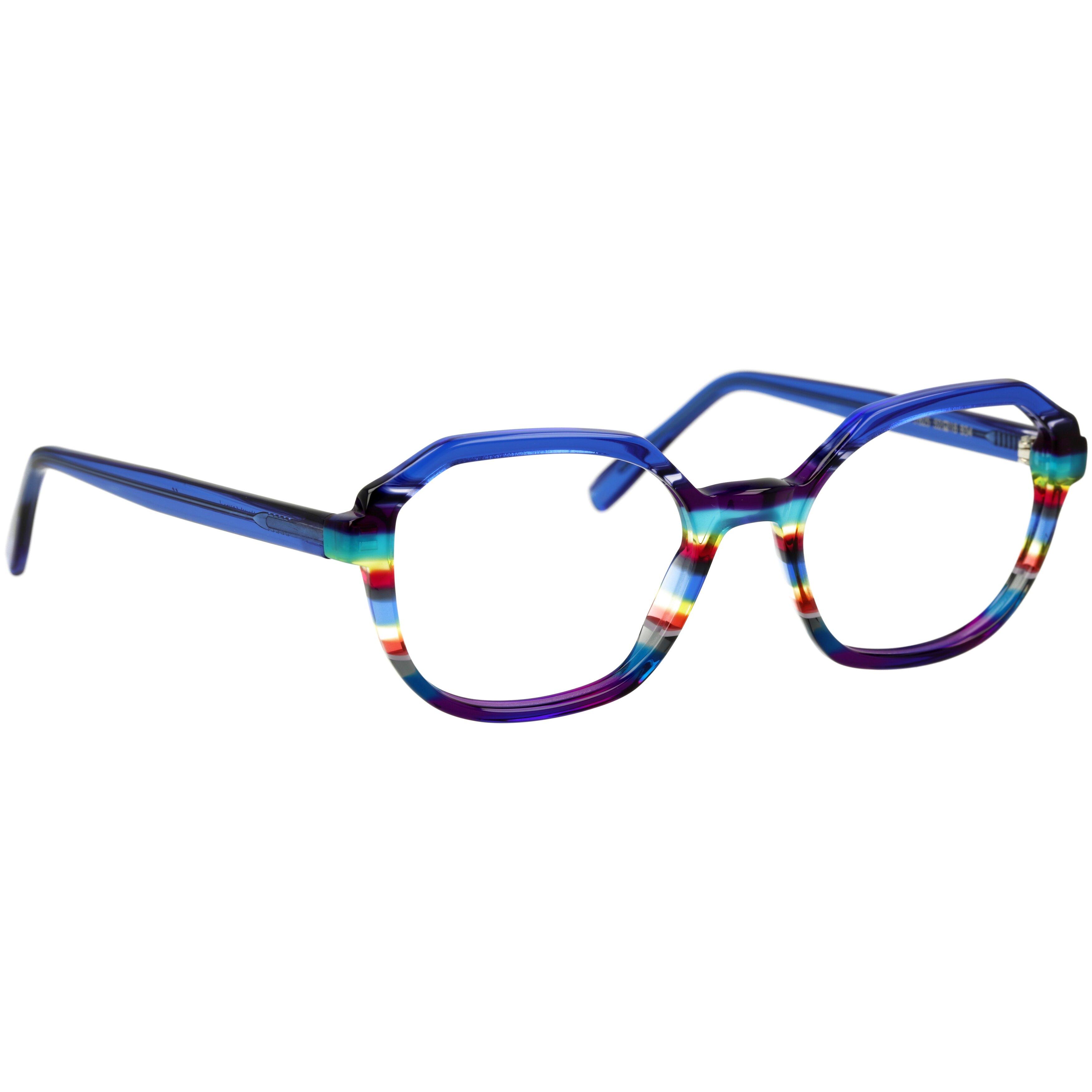 Damenbrille Johann von Goisern J825 mit farbenfrohem, gestreiftem Acetatrahmen und achteckigen Gläsern.