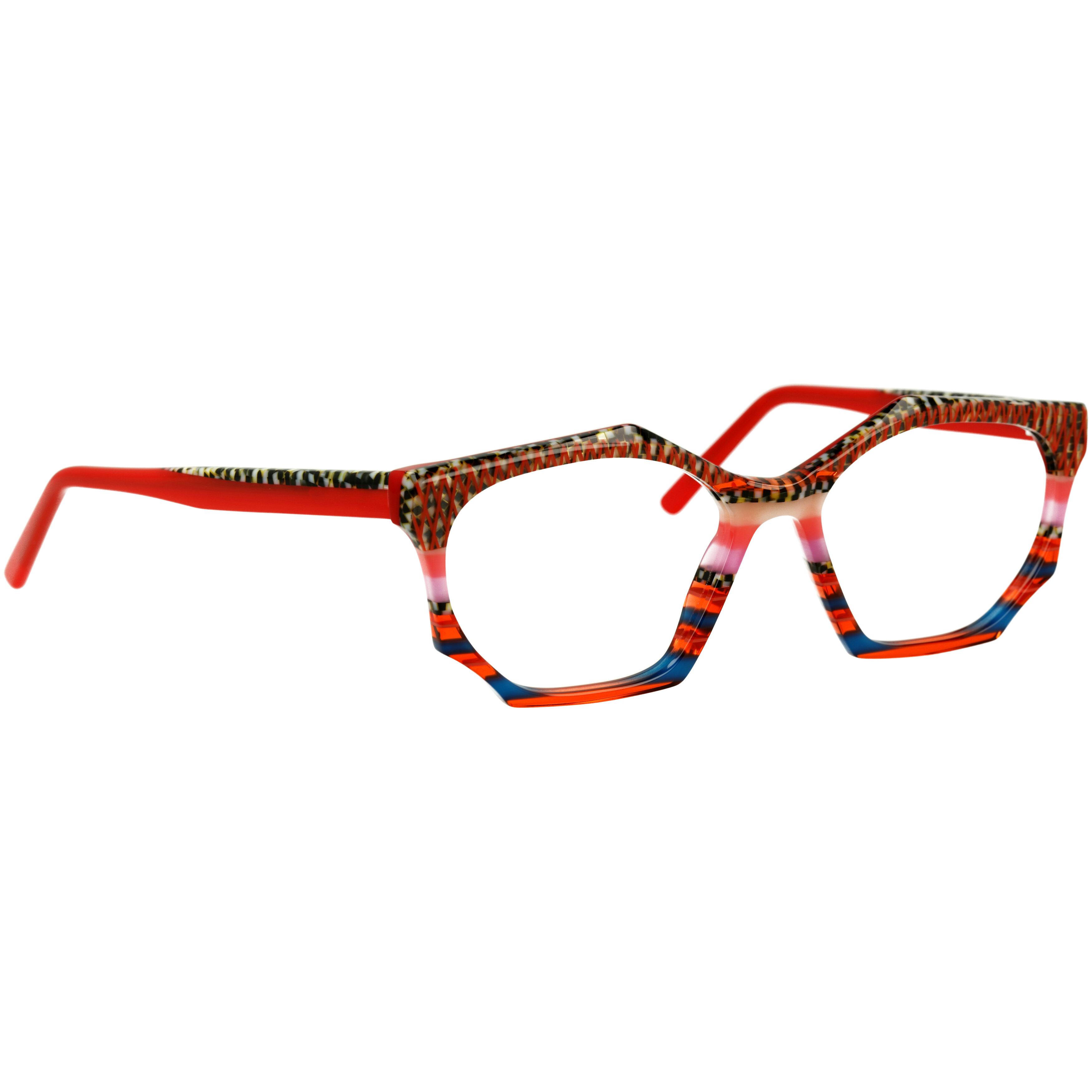 img_2D_0005 Damenbrille Johann von Goisern JA017 mit sechseckigem Rahmen, roten Bügeln und buntem Musterdesign.