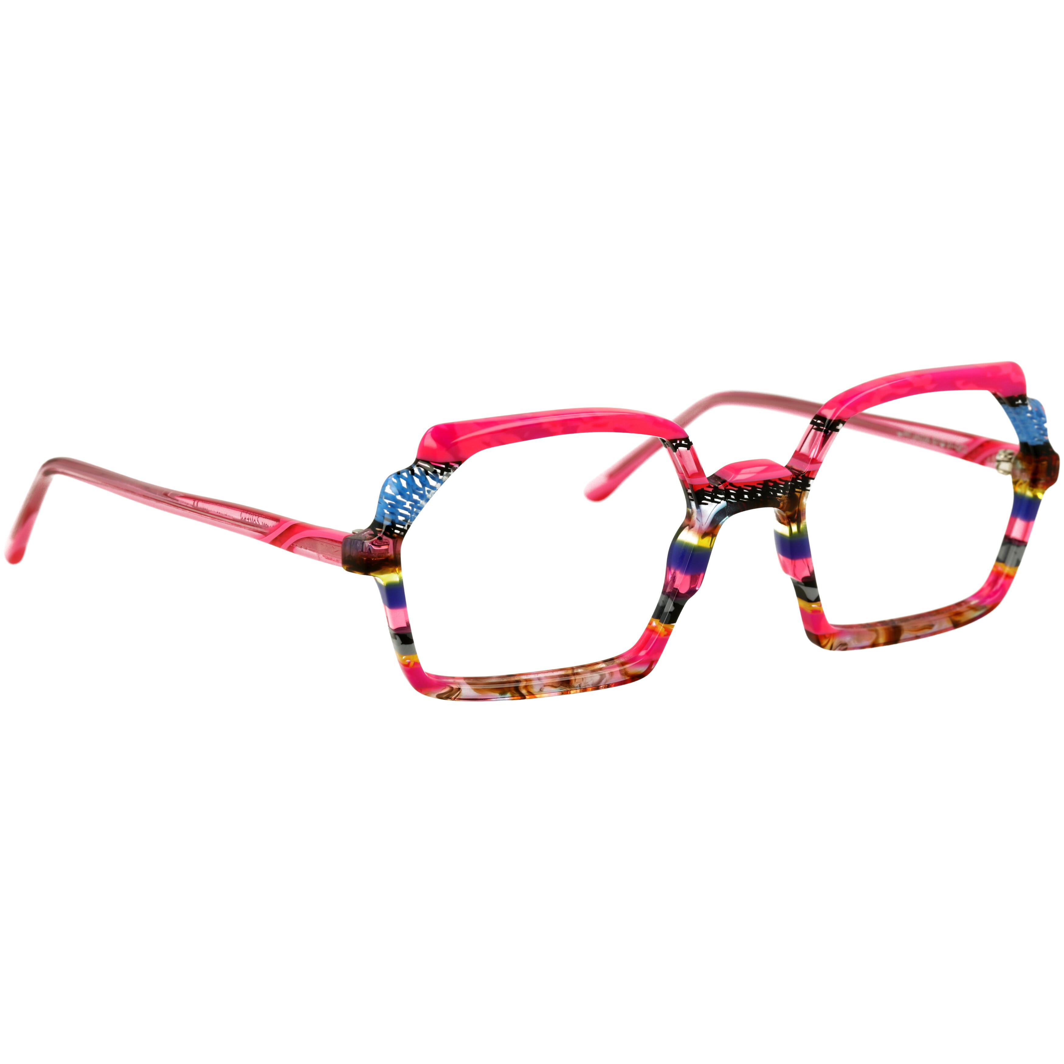 img_2D_0005 Damenbrille Johann von Goisern JA026 mit eckigem Rahmen, Farbenmix aus Rosa, Blau und Braun sowie bunten Streifenmuster.