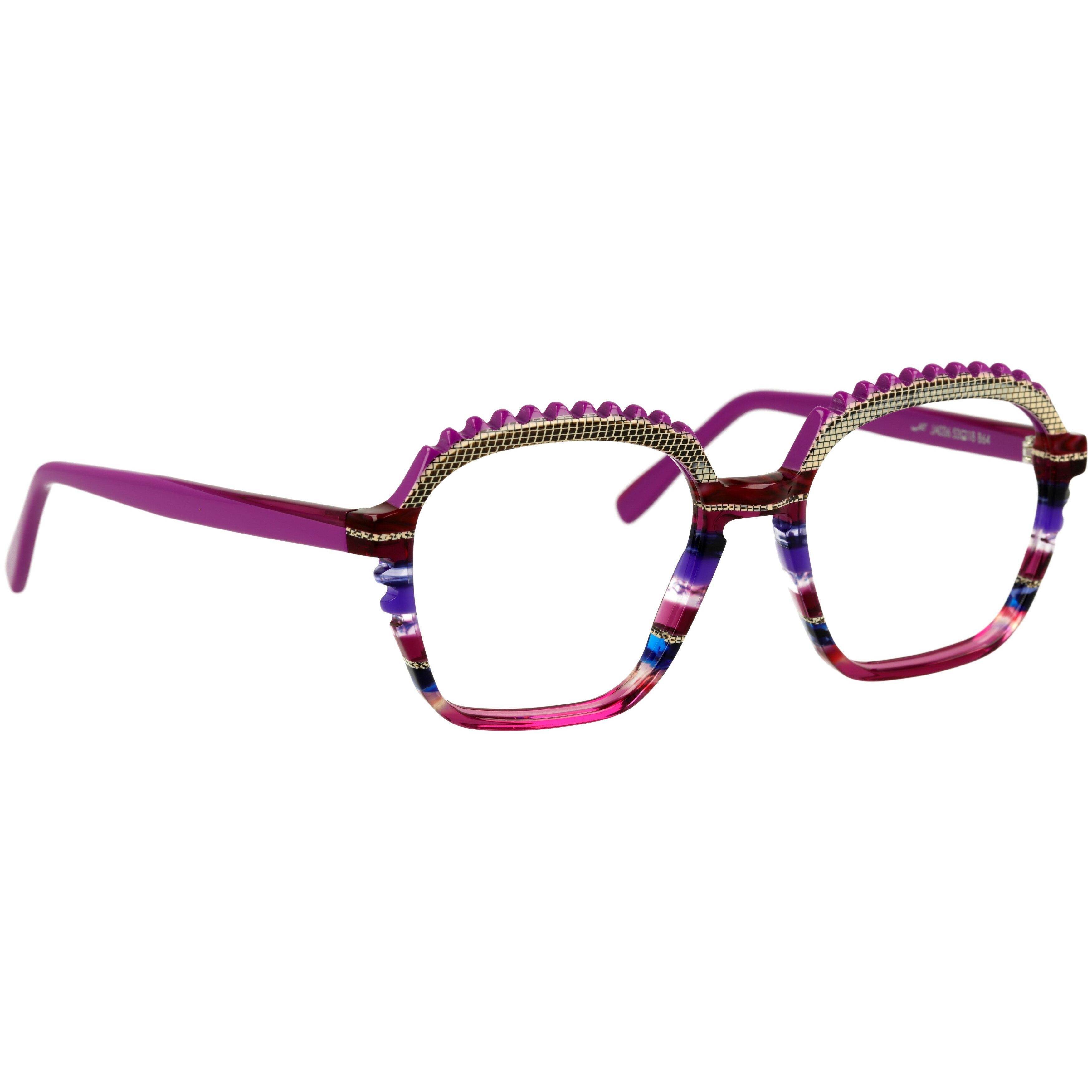 Damenbrille Johann von Goisern JA036 mit eckigem Gestell, lebendigen Farben und detaillierten Verzierungen oben am Rahmen.