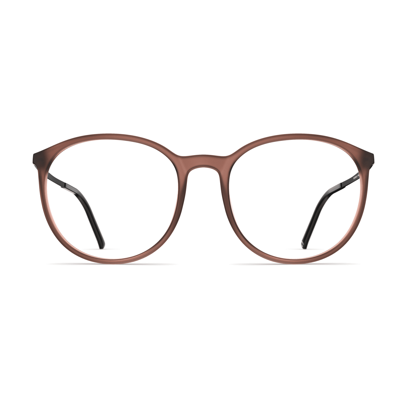 Damenbrille Neubau Anika T148 in mattem Braun, mit runden Gläsern und schwarzen Bügeln, frontal abgebildet.