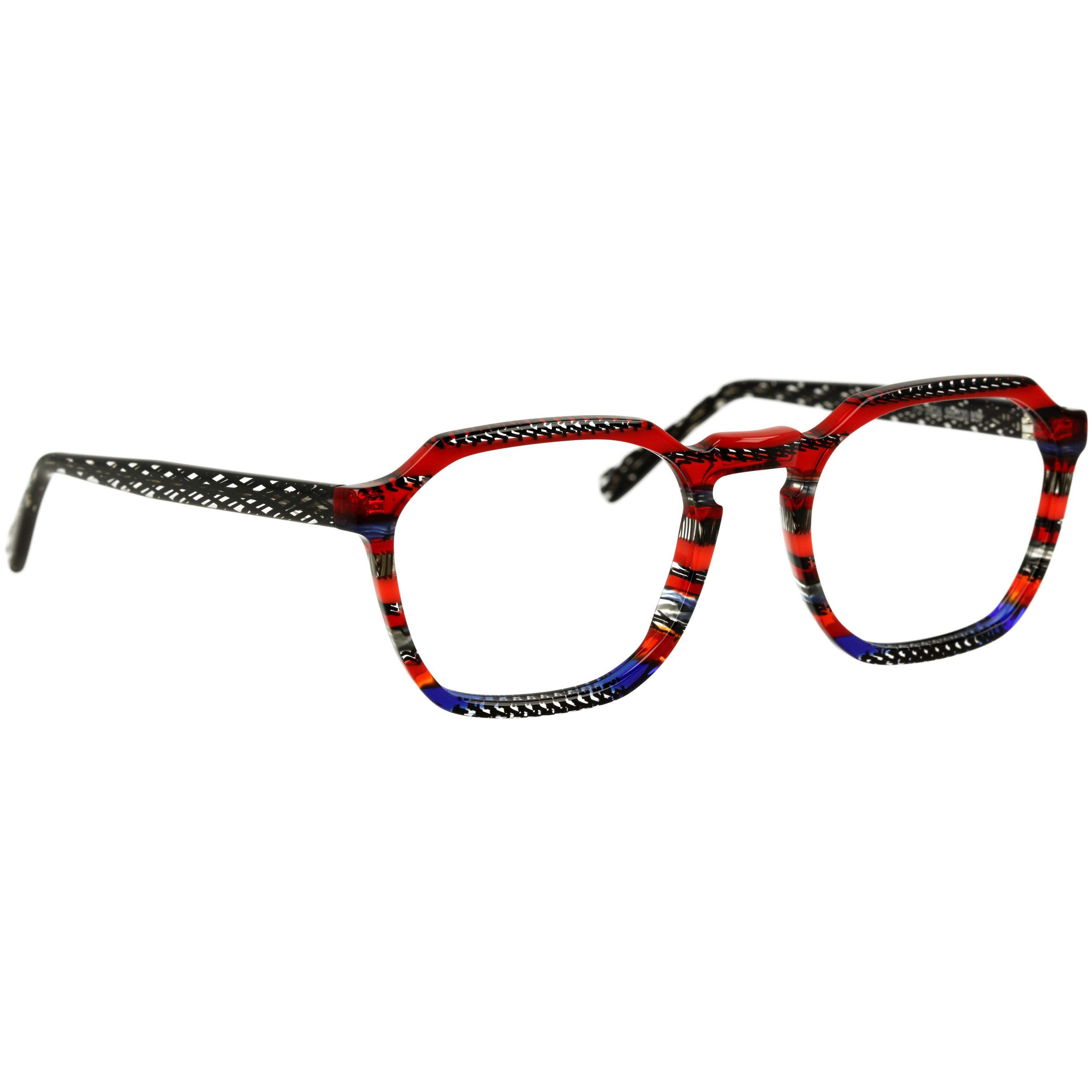 Herrenbrille Johann von Goisern J826 mit eckigem Rahmen, in rot-blauem Muster und schwarzen Bügeln.