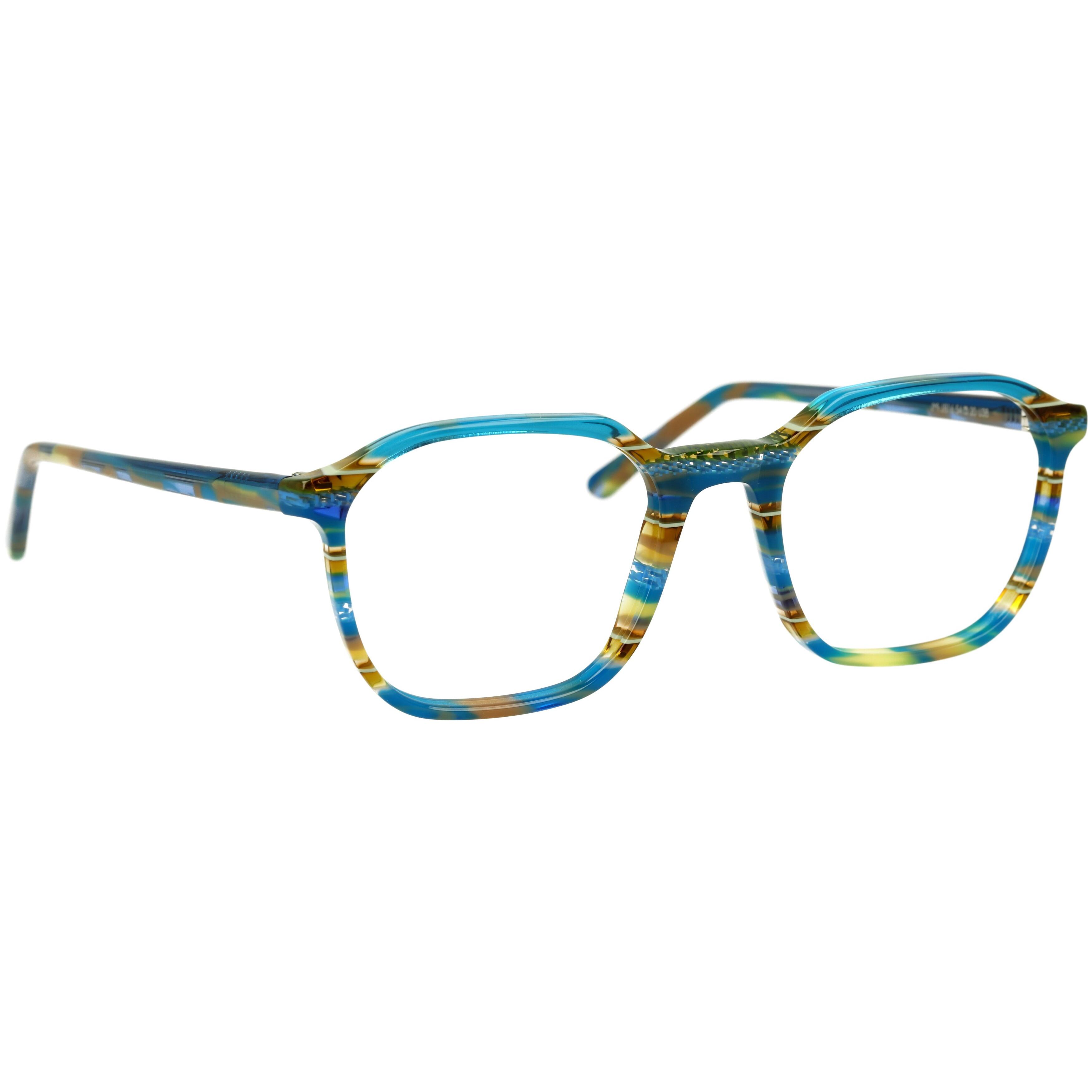 Herrenbrille Johann von Goisern J816 mit eckigem Rahmen in Blau- und Gelbtönen, geeignet für einen modischen Look.