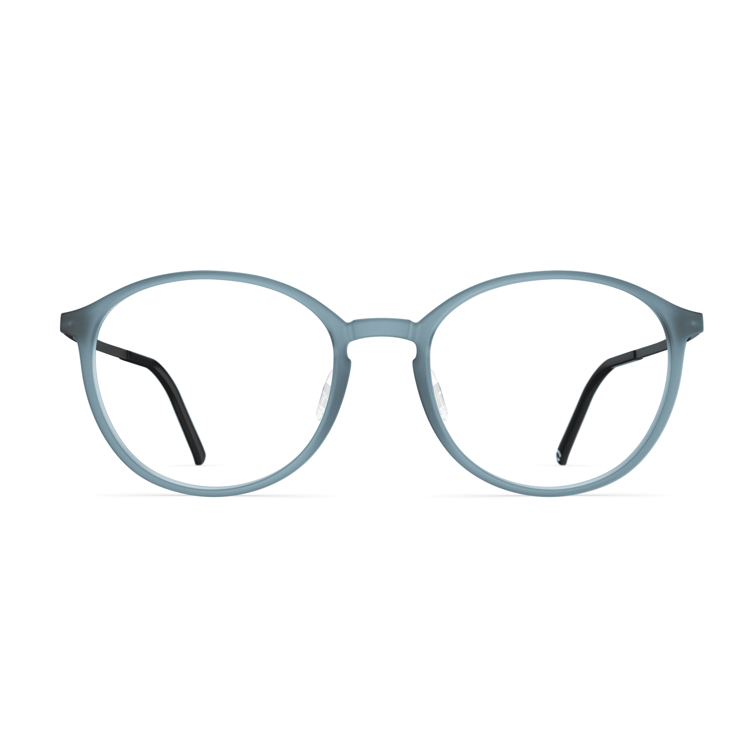 Herrenbrille Neubau Anton T159 mit runder, mattblauer Fassung und schlichten schwarzen Bügeln, frontal abgebildet.