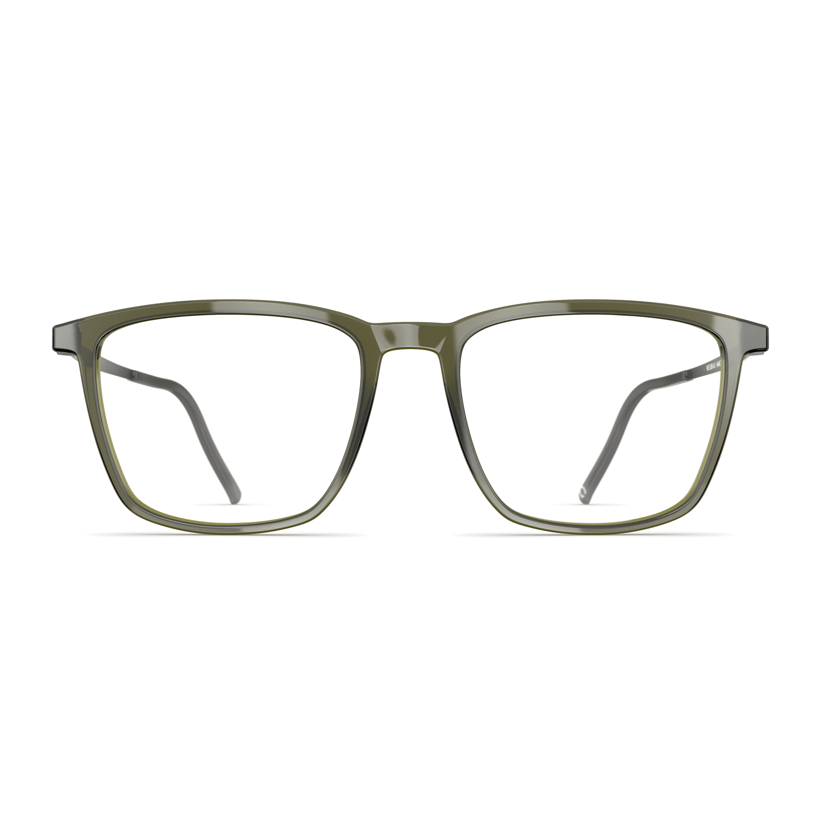 Herrenbrille Neubau Oskar T173 mit rechteckigem Rahmen in Olivgrün, klare Gläser und schmale Bügel für einen modernen Look.
