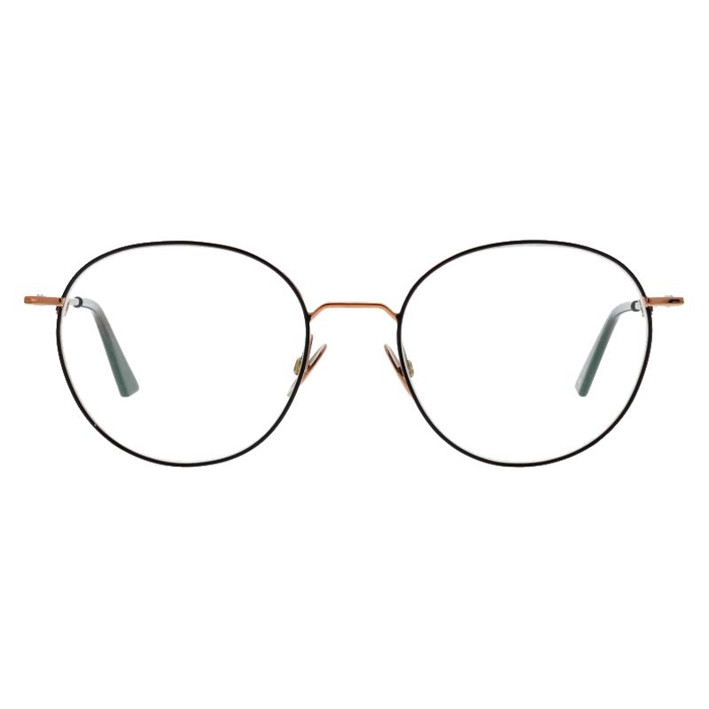 Colibris Fee Damenbrille mit runder, filigraner Fassung in Schwarz und Gold, frontal abgebildet.