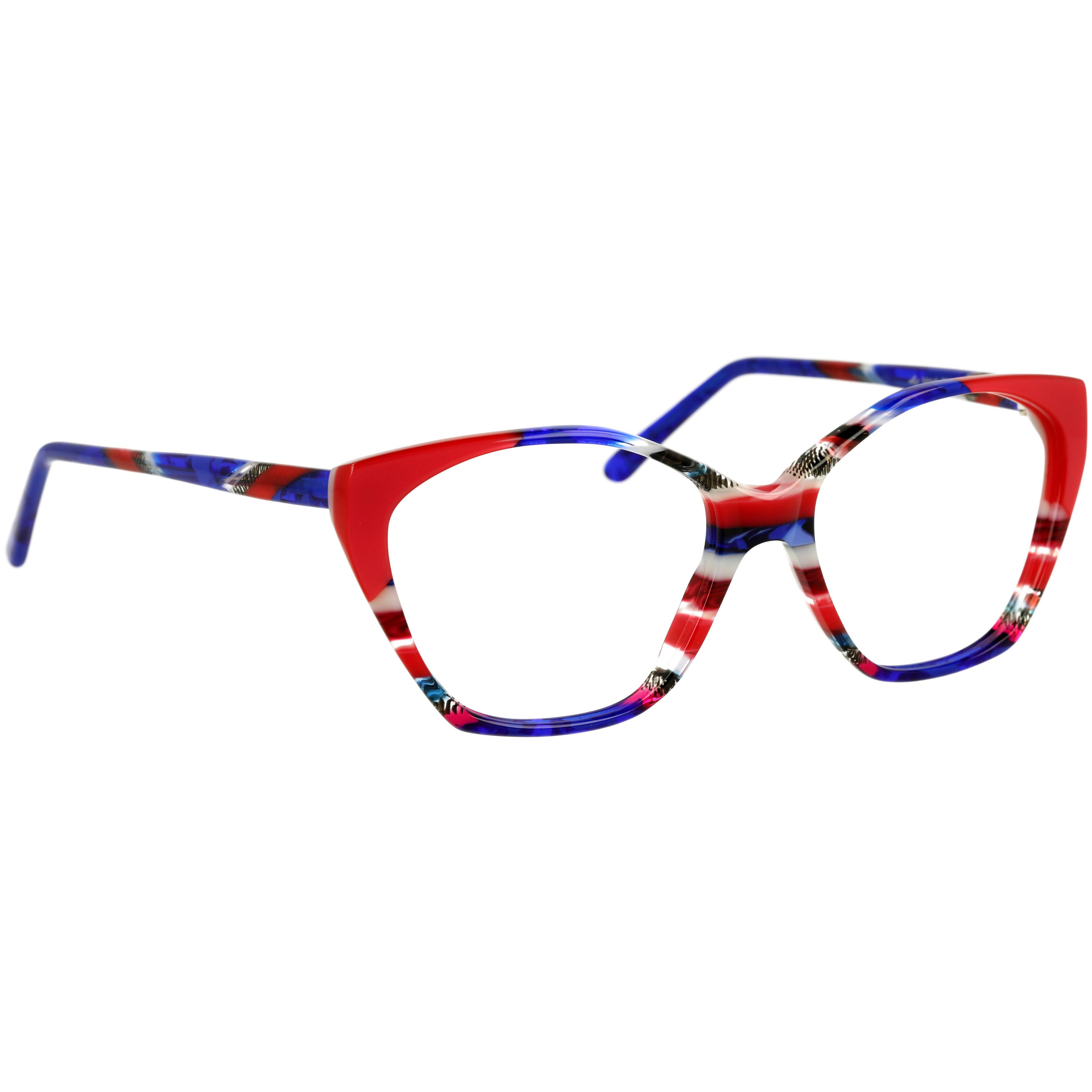 Damenbrille Johann von Goisern JA003 mit farbenfrohem Gestell in Rot, Blau und Weiß.