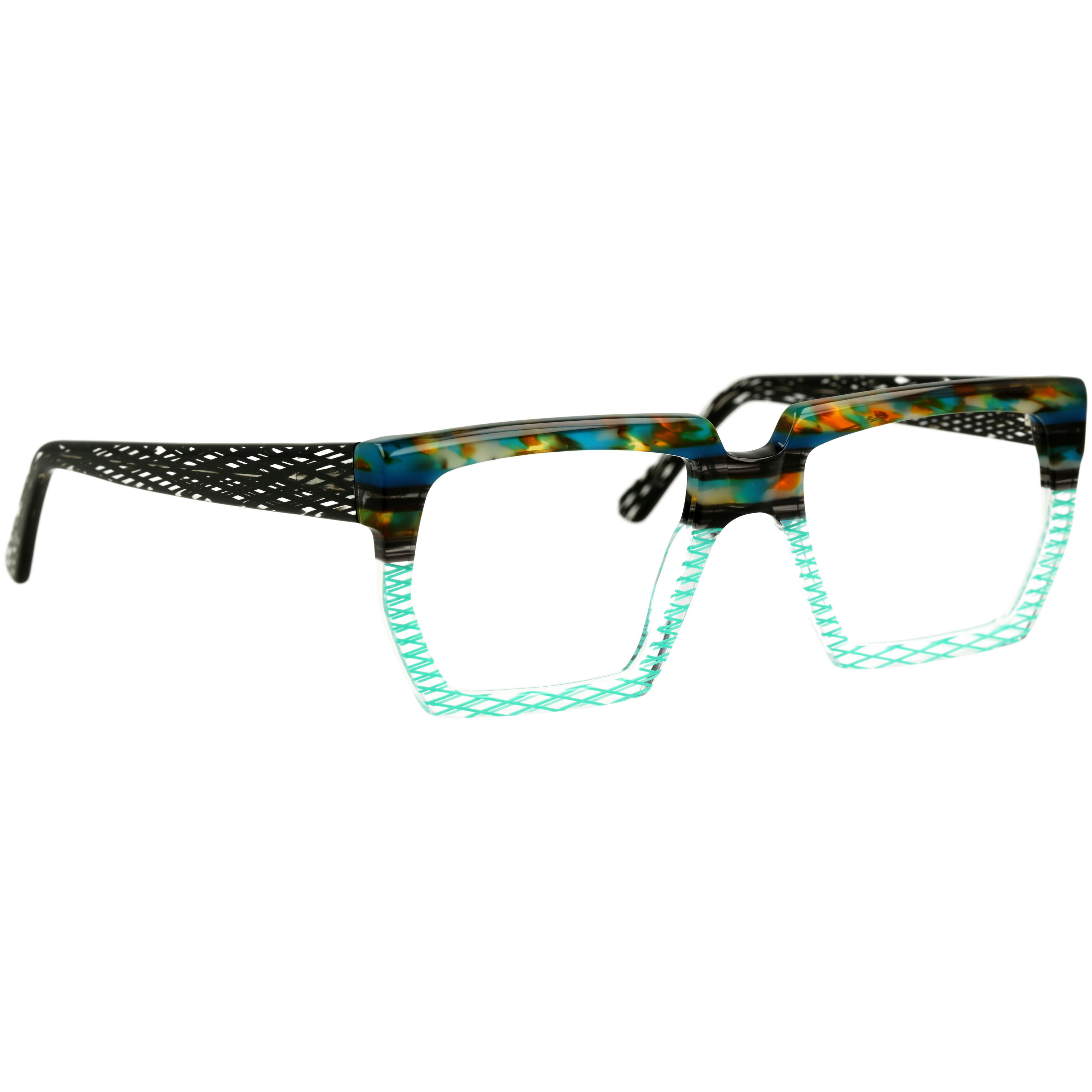 Herrenbrille Johann von Goisern JA020 mit eckigem Rahmen in bunten Farben und mintfarbenem Muster an Front und Bügeln.