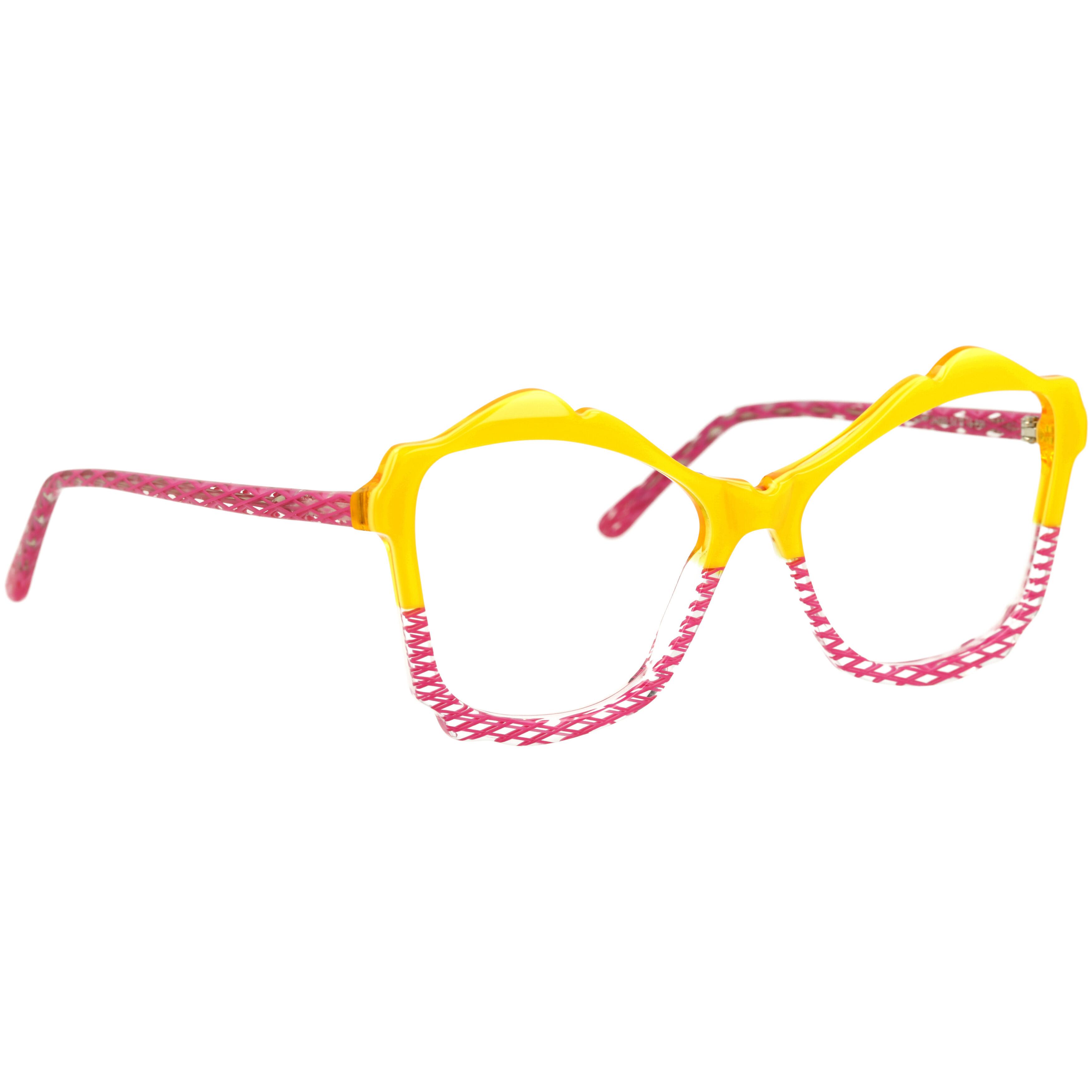 Damenbrille Johann von Goisern JA022 mit gelbem Rahmen und pink-gemusterten Bügeln auf weißem Hintergrund.