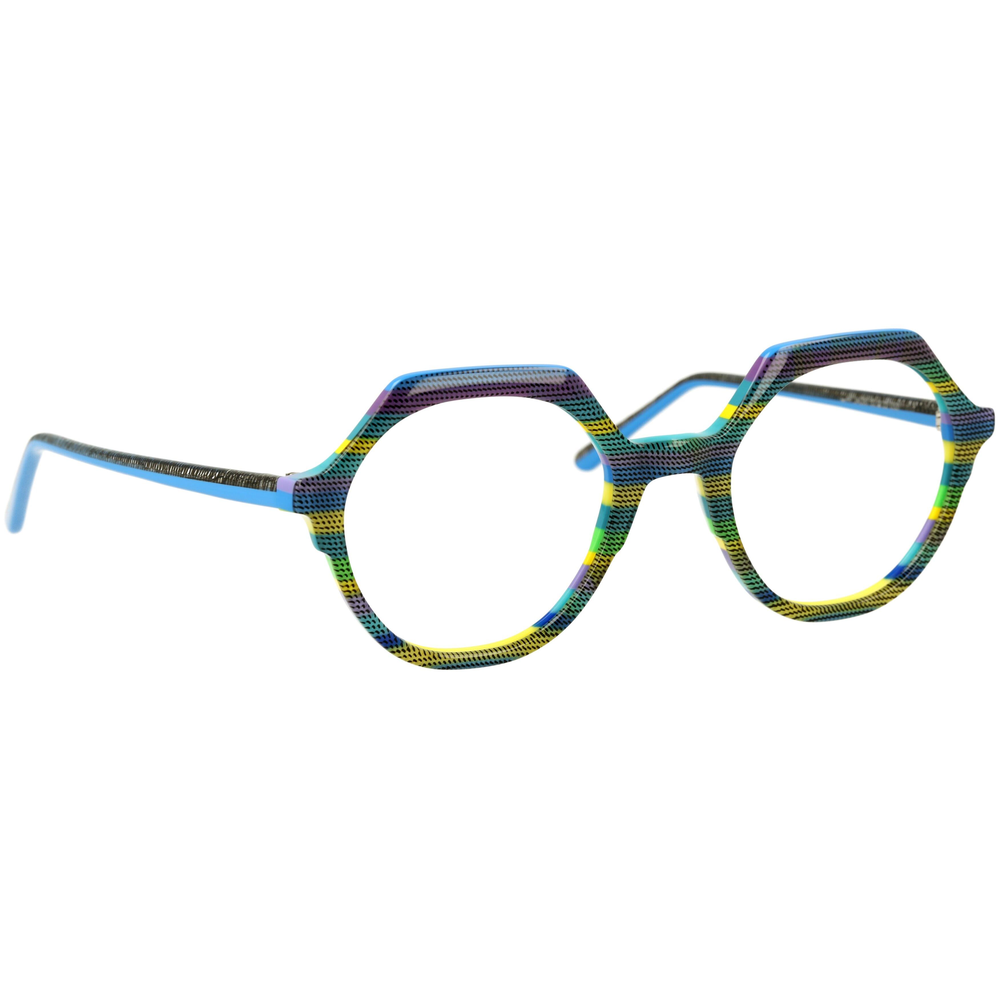 img_2D_0005 Damenbrille Johann von Goisern JA030 mit achteckigem Design, mehrfarbiger Rahmen und blauer Bügel.