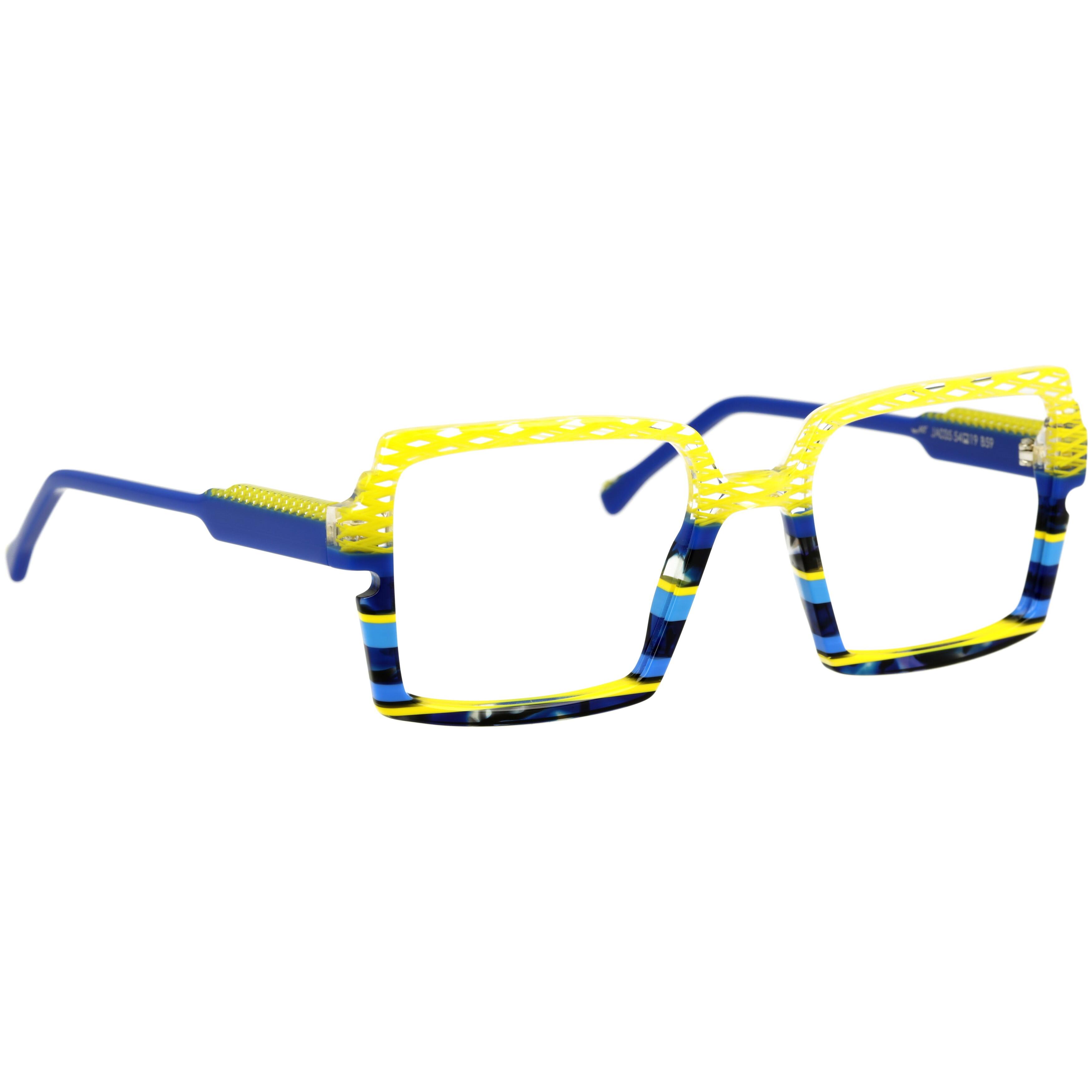 img_2D_0005 Damenbrille Johann von Goisern JA035 mit eckigem Rahmen in Gelb und Blau, auffälliges Design mit modischen Mustern.