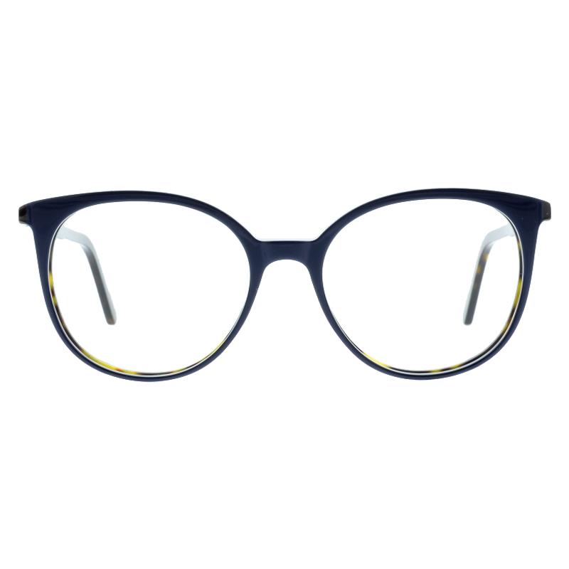 Colibris Nele 12201 Damenbrille Colibris Nele mit rundem, dunkelblauem Rahmen und dezent gelben Akzenten, frontal abgebildet.