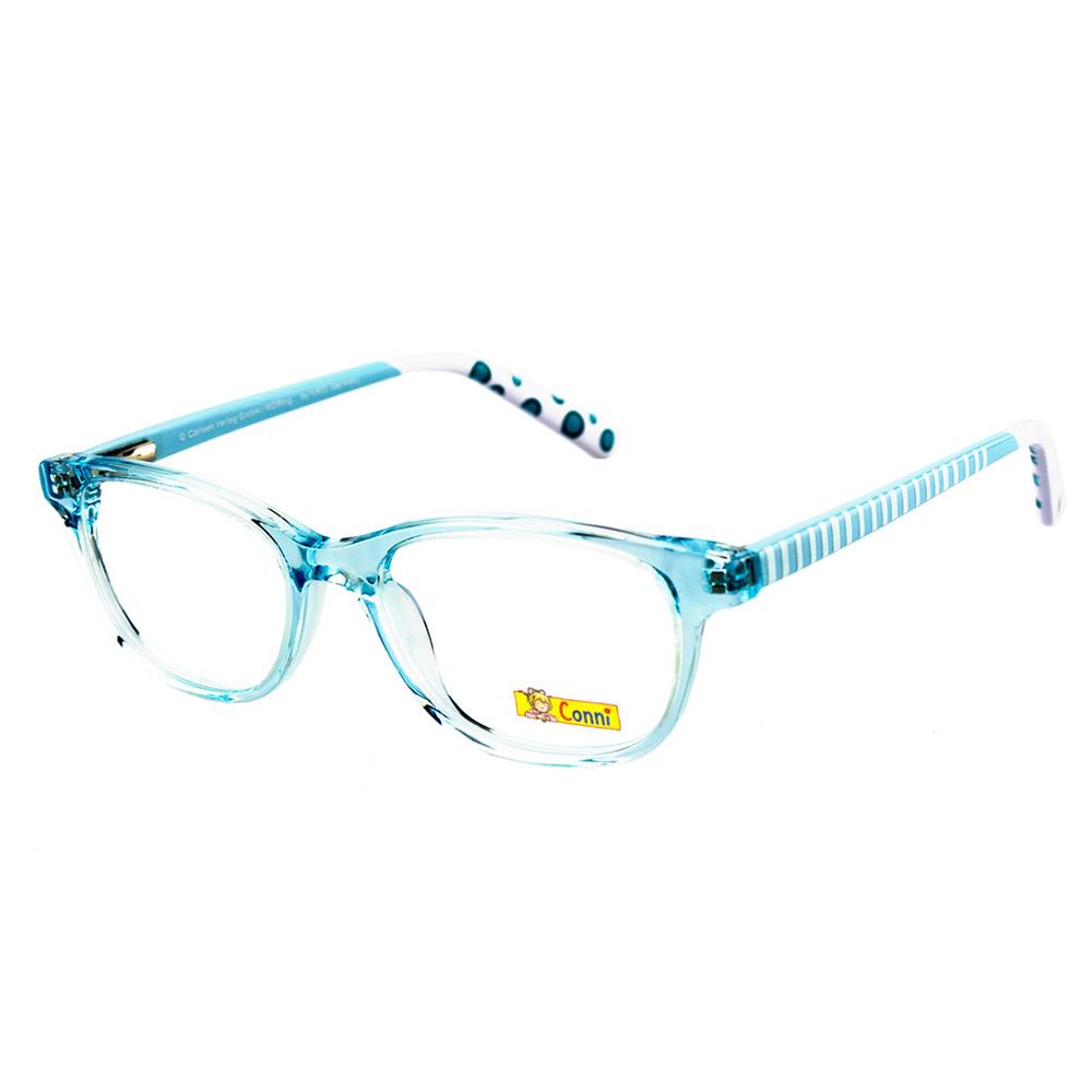 Kinderbrille Conni von IVKO Conni 16, hellblaues Gestell mit transparenten Gläsern und gestreiften Bügeln.