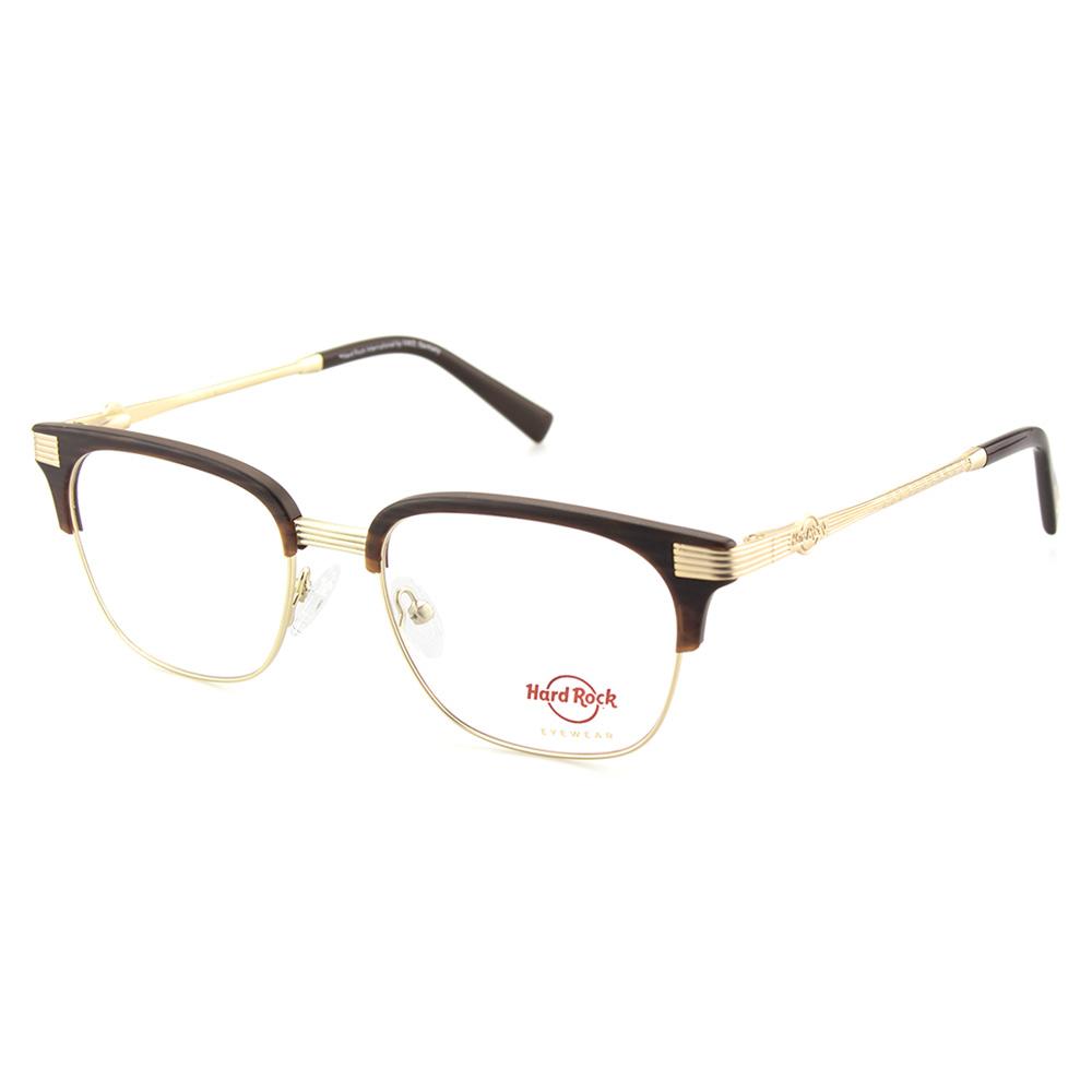 Unisexbrille Hard Rock by IVKO HR 04 mit schwarz-goldenem Gestell und transparenten Gläsern, auf einem weißen Hintergrund.