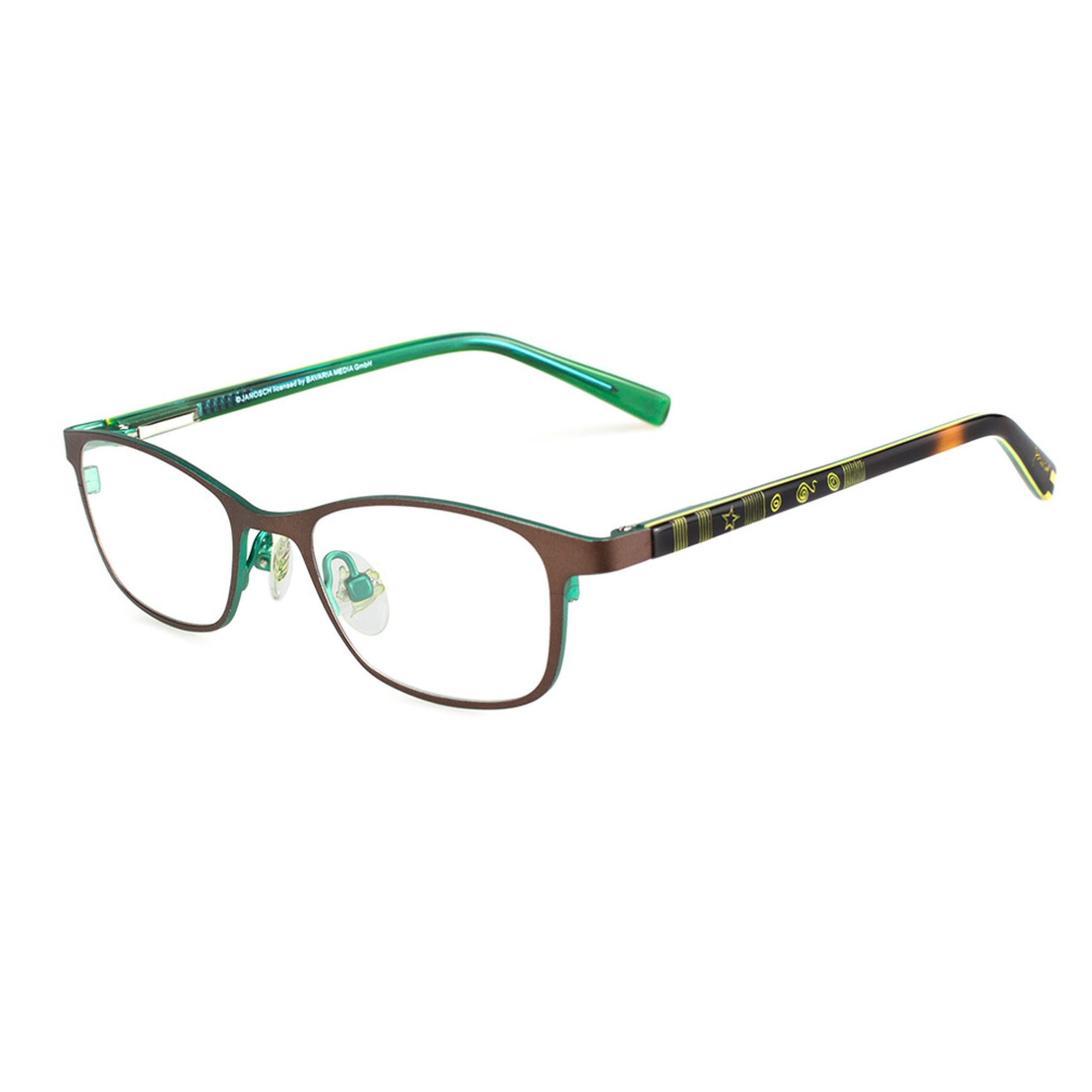 Kinderbrille Janosch IVKO J 76, grüne Metallfassung mit bunten Bügeln und verstellbaren Nasenpads.