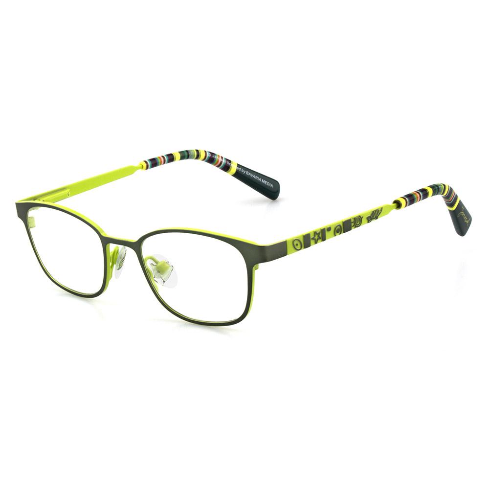 Kinderbrille Janosch by IVKO J 80 in gelb und schwarz, rechteckiges Gestell mit bunten Bügeln. Ideal für Jungen und Mädchen.