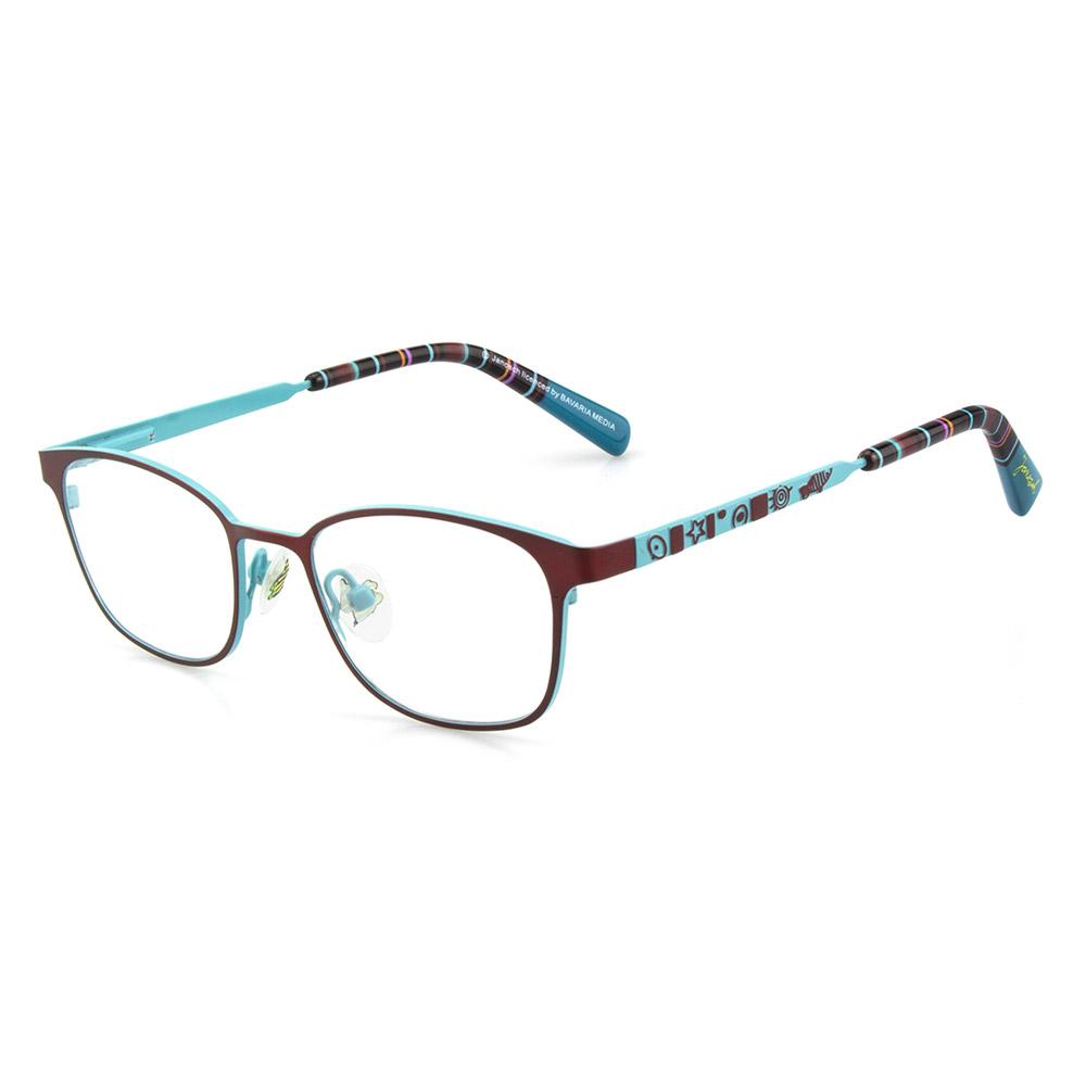 Kinderbrille Janosch IVKO J 81, blau-rot mit bunten Bügeln und geometrischen Mustern. Rechteckige Form für einen modernen Look.