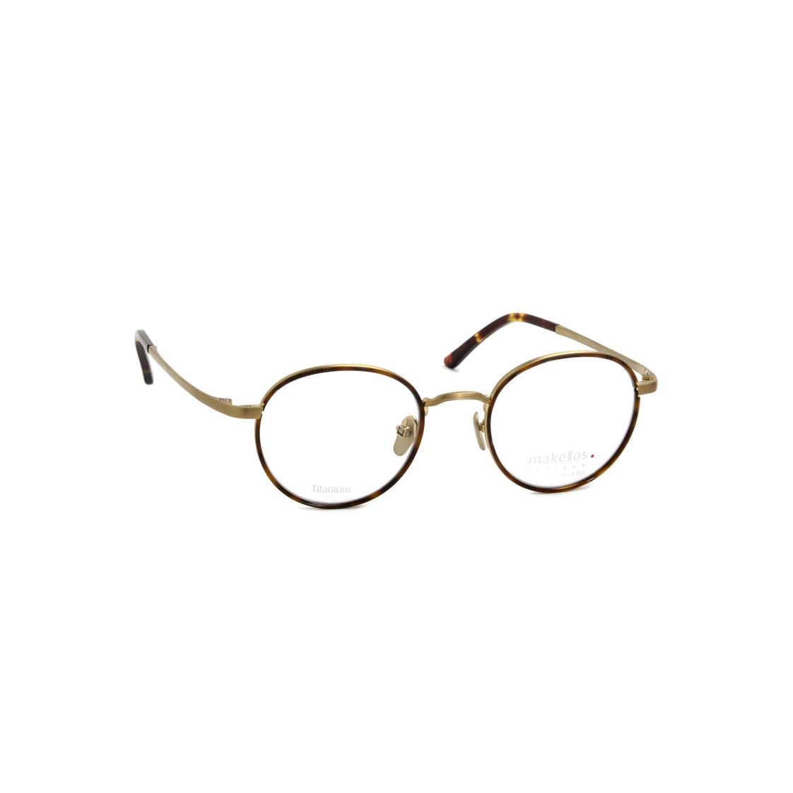 Runde Unisex-Brille Makellos ME 1077 mit dünnem, goldenen Metallrahmen auf weißem Hintergrund.