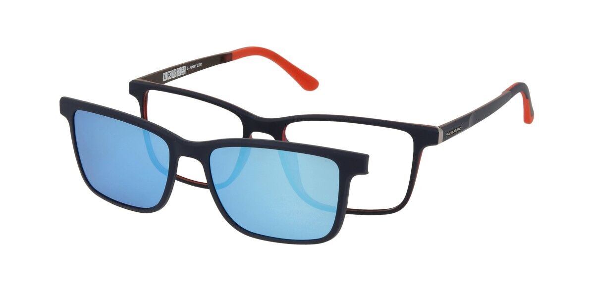 Schwarze Herrenbrille CL90195 mit blauen Gläsern und roten Bügelenden.