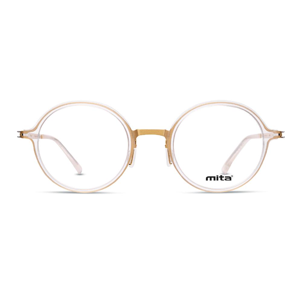 Unisex Brille MITA MT1018 mit goldener runder Fassung und transparenten Gläsern, frontalansicht.