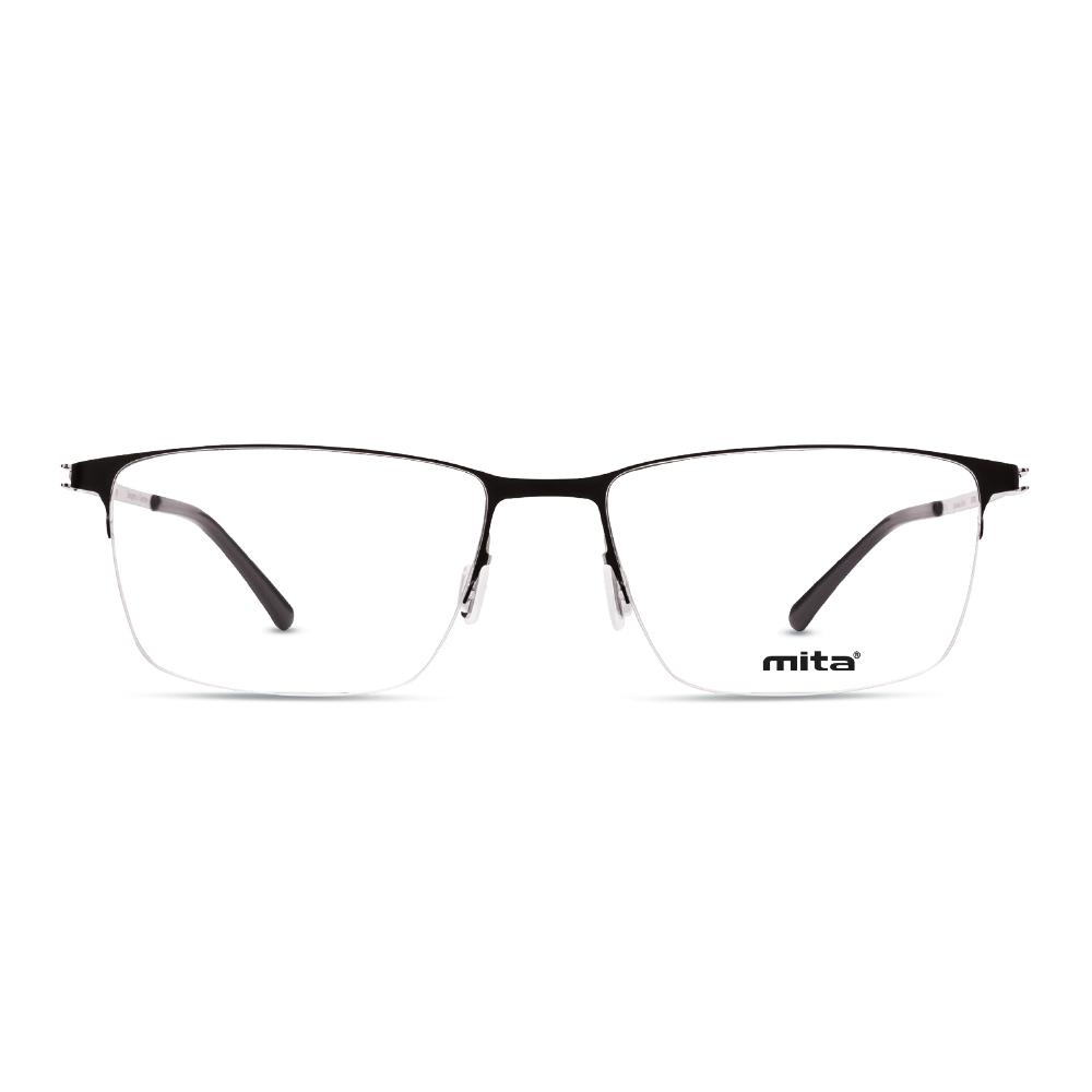 Unisex Brille MITA MT1021, rechteckige Metallrahmen in Schwarz, mit transparenten Gläsern und schmalen Bügeln.