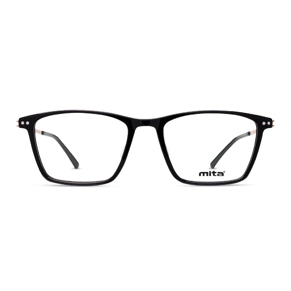 Unisex Brille MITA MT1024 in schwarzem Rahmen, Produktseite. Rechteckiges Design mit klaren Gläsern und schmalen Bügeln.
