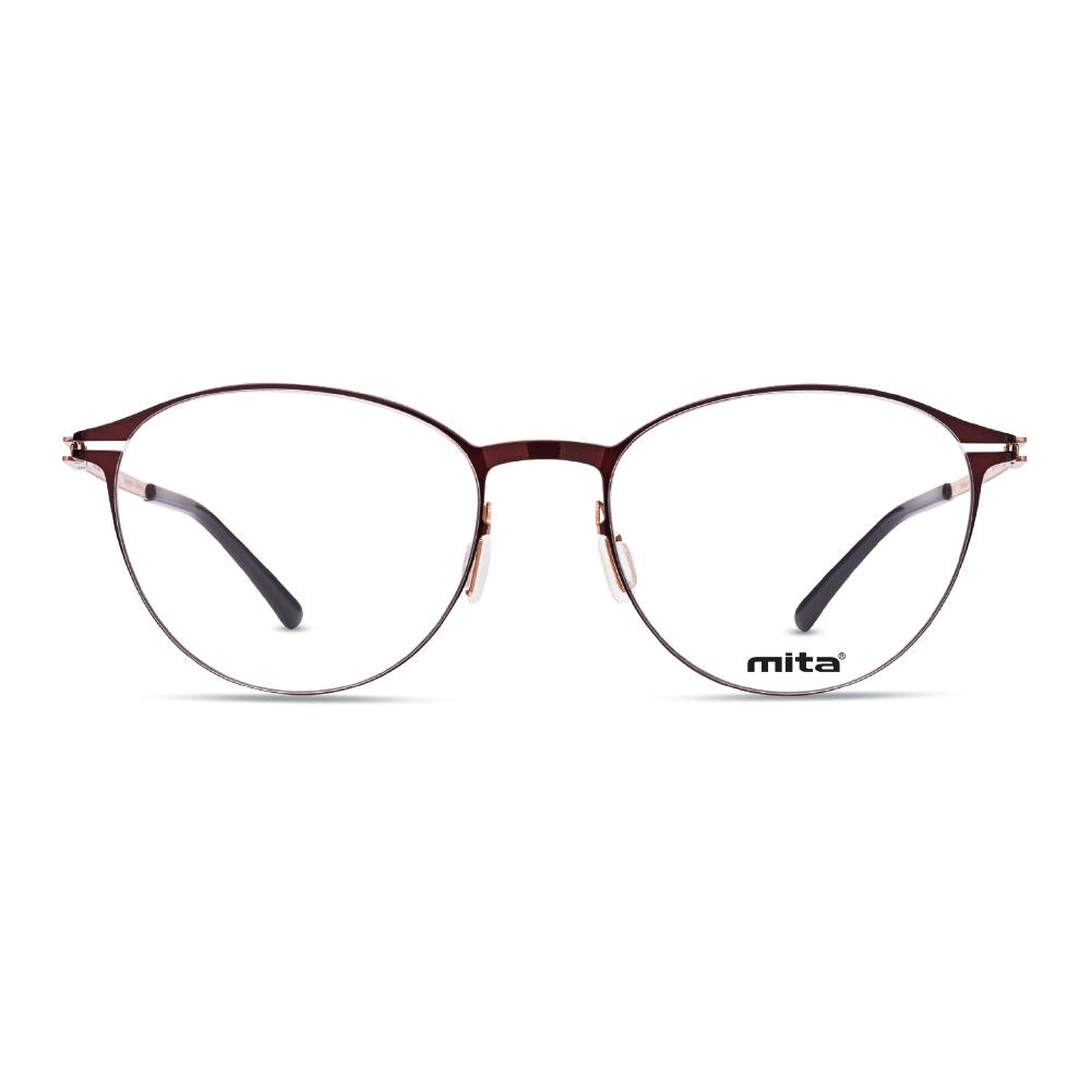 Damenbrille MITA MT1029 in Rot, Vorderansicht. Runde Metallfassung mit schmalen Bügeln und transparenten Gläsern.
