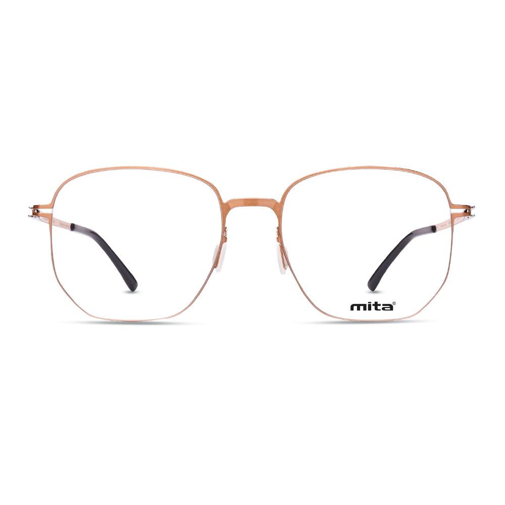 Damenbrille MITA MT1030 in goldener Metallfassung, quadratische Gläser mit schwarzem Logo "mita" auf dem rechten Glas.