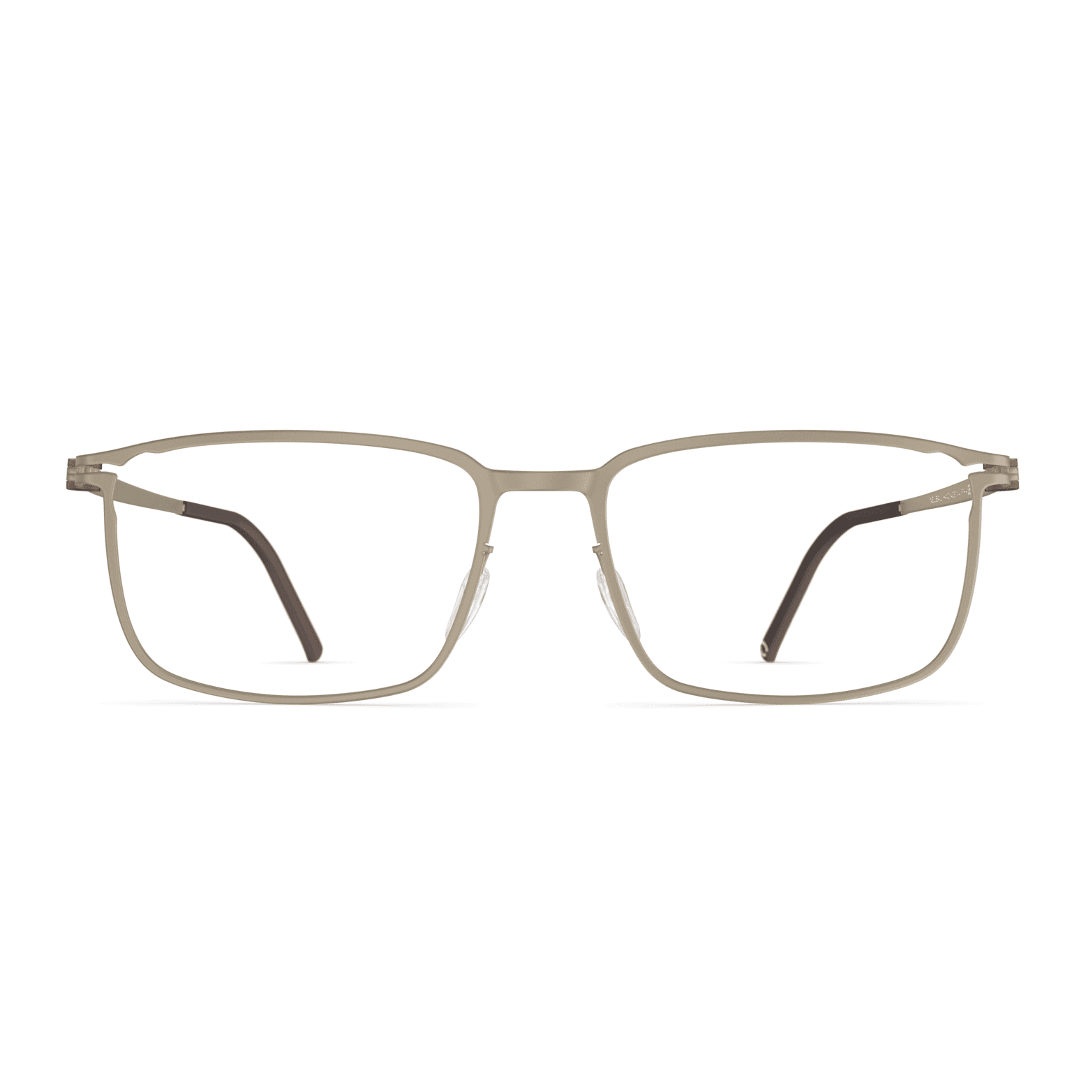 Herrenbrille Neubau Phillip T117 mit rechteckigem Rahmen in hellem Goldton und flexiblen schwarzen Bügelenden, frontalansicht.