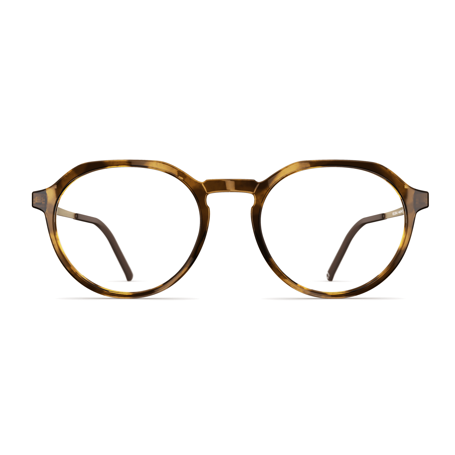 Herrenbrille Neubau Michi T143 mit runder, braun gemusterter Fassung und schmalen Bügeln in einem modernen Design.