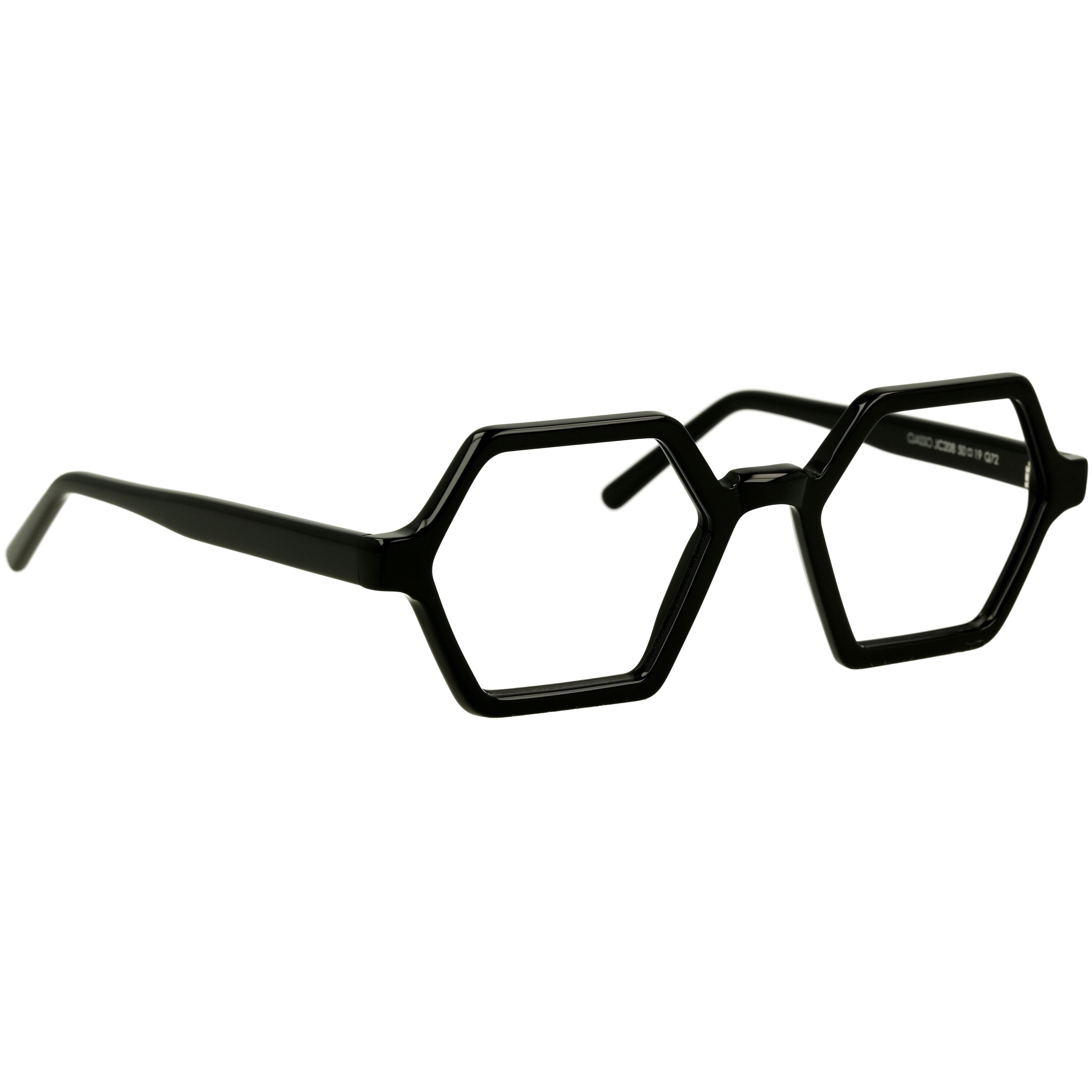 Schwarze Unisexbrille Johann von Goisern JC208 mit geometrischer, sechseckiger Rahmenform.