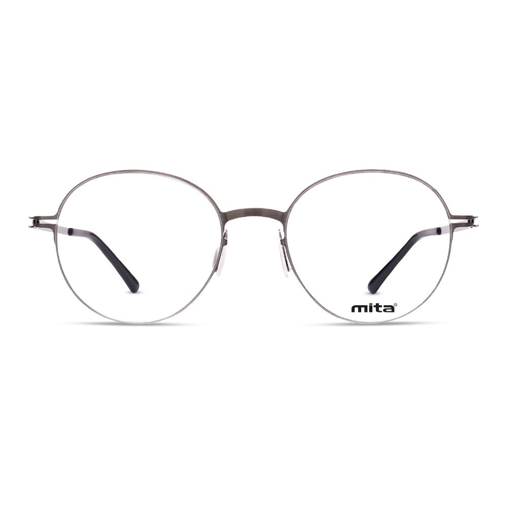 Unisex Brille MITA MT1016, runde Metallfassung in Silber mit dünnen schwarzen Bügeln.