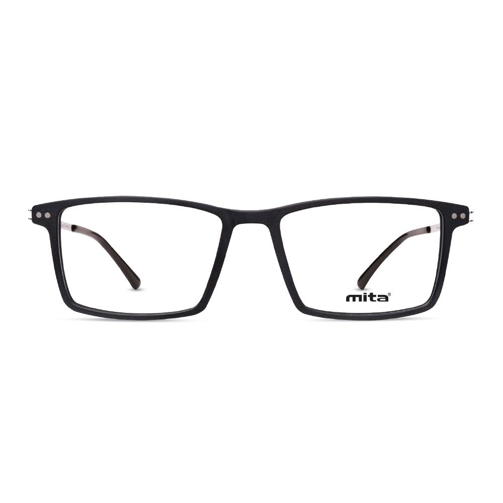 Unisex Brille MITA MT1019, rechteckige schwarze Fassung mit klaren Gläsern, auf einer Produktseite abgebildet.