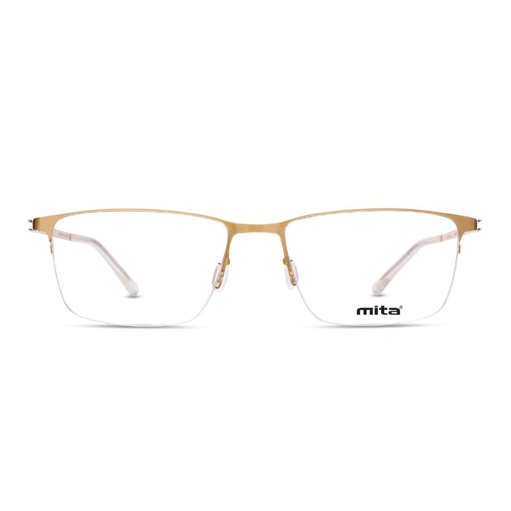 Unisex Brille MITA MT1022 mit goldfarbenem Rand und klaren Gläsern, auf einem weißen Hintergrund dargestellt.