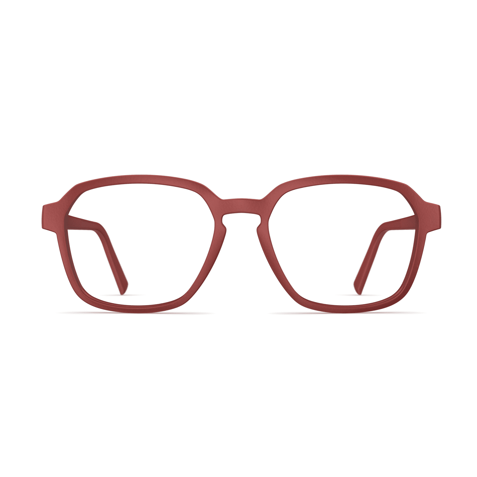 Herrenbrille Neubau Fred T125 in minimalistischer, rechteckiger Rahmenform und mattem Rotton, frontal abgebildet.