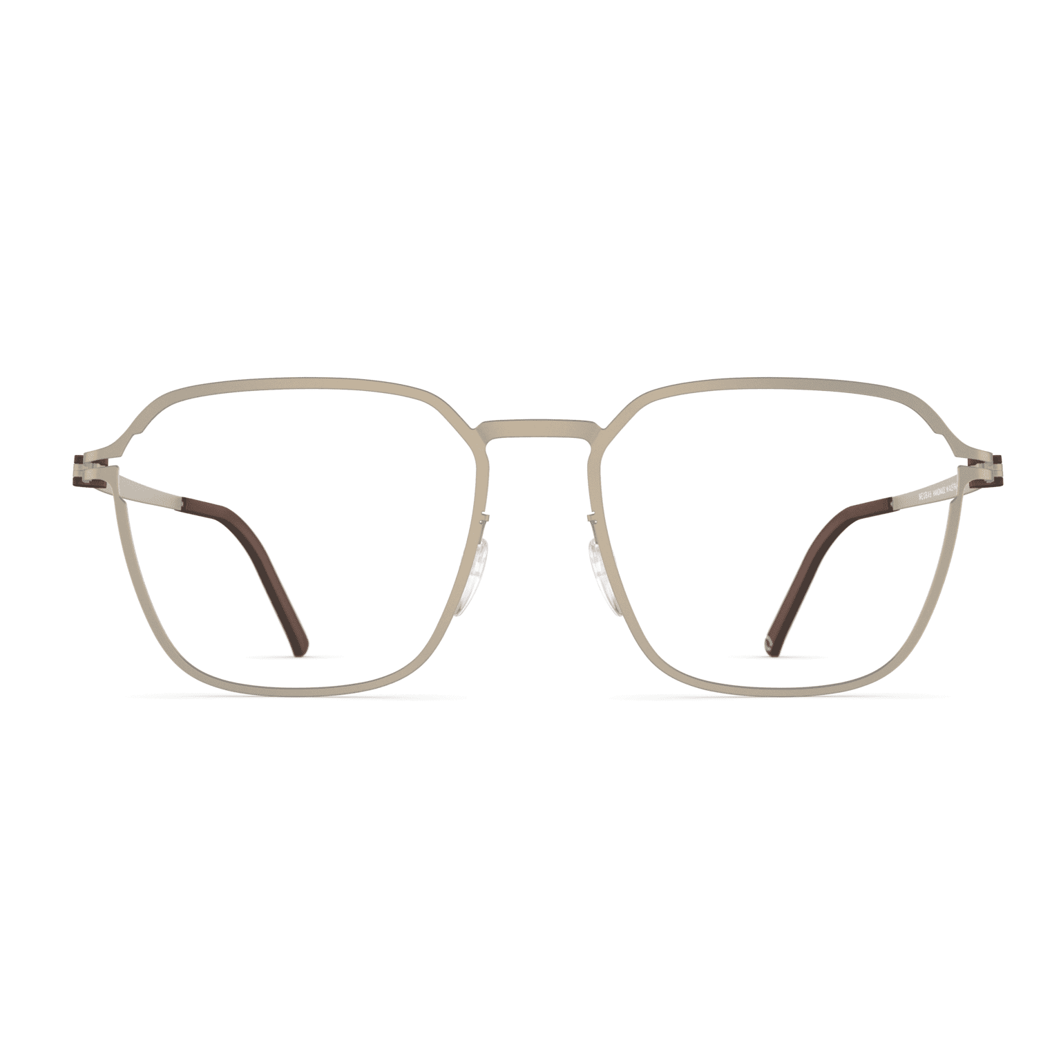 Herrenbrille Neubau Marlin T135 mit eckigem Rahmen in hellem Metall und dünnen Bügeln mit braunen Akzenten.