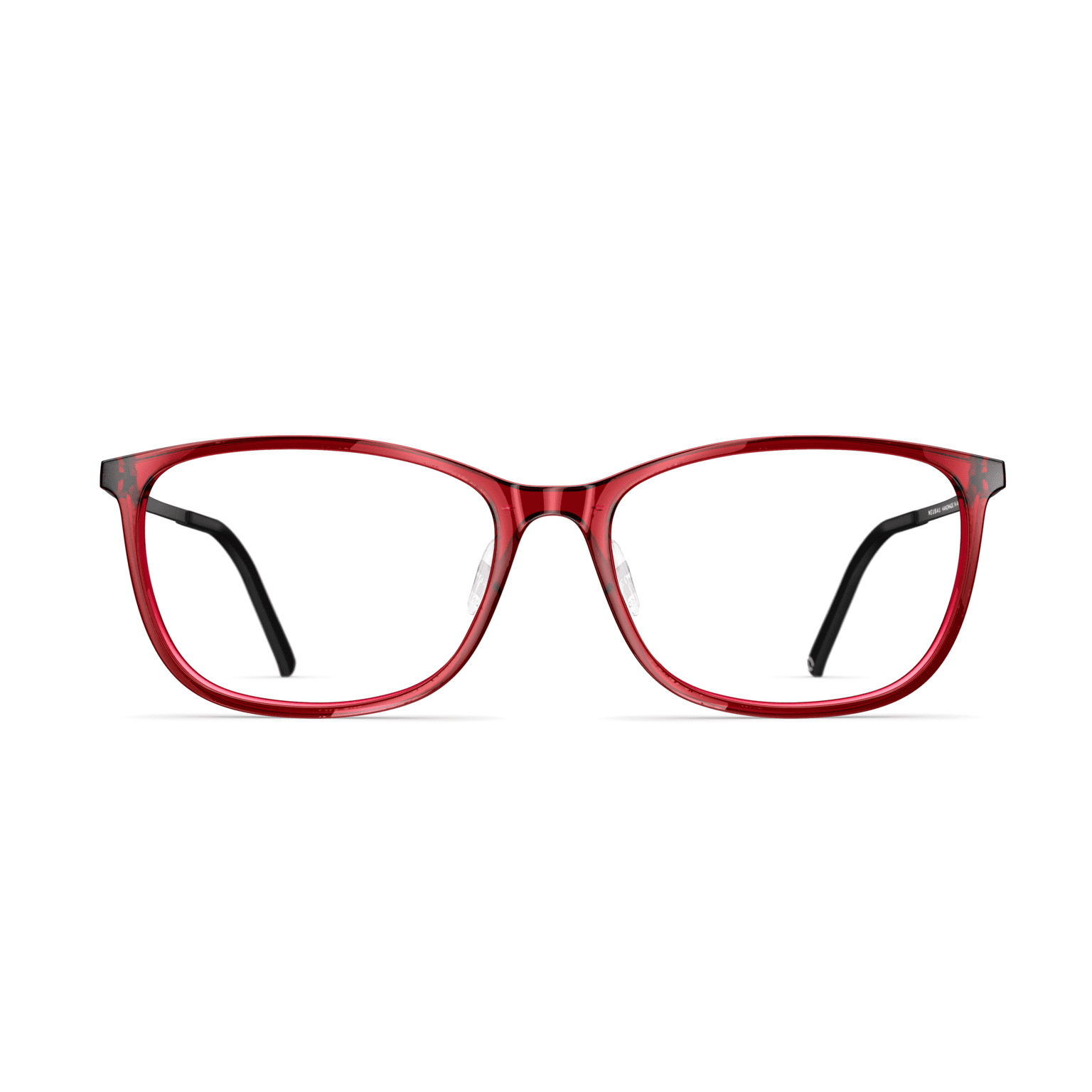 Rote Damenbrille Neubau Paula T138 mit rechteckigem Rahmen und schwarzem Bügel, frontal dargestellt.